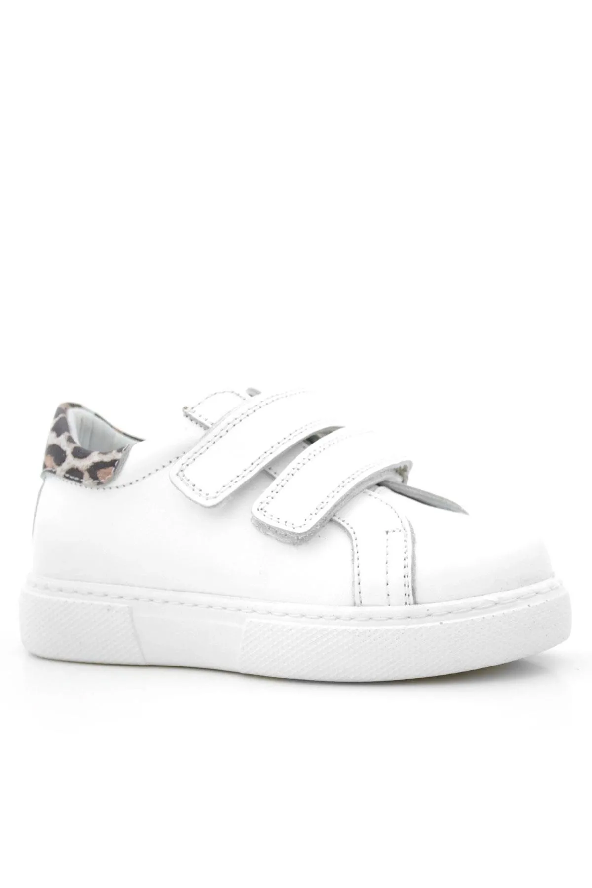 Hakiki Deri Beyaz Cırt Cırtlı Leopar Desenli Kız Çocuk Spor Ayakkabı
