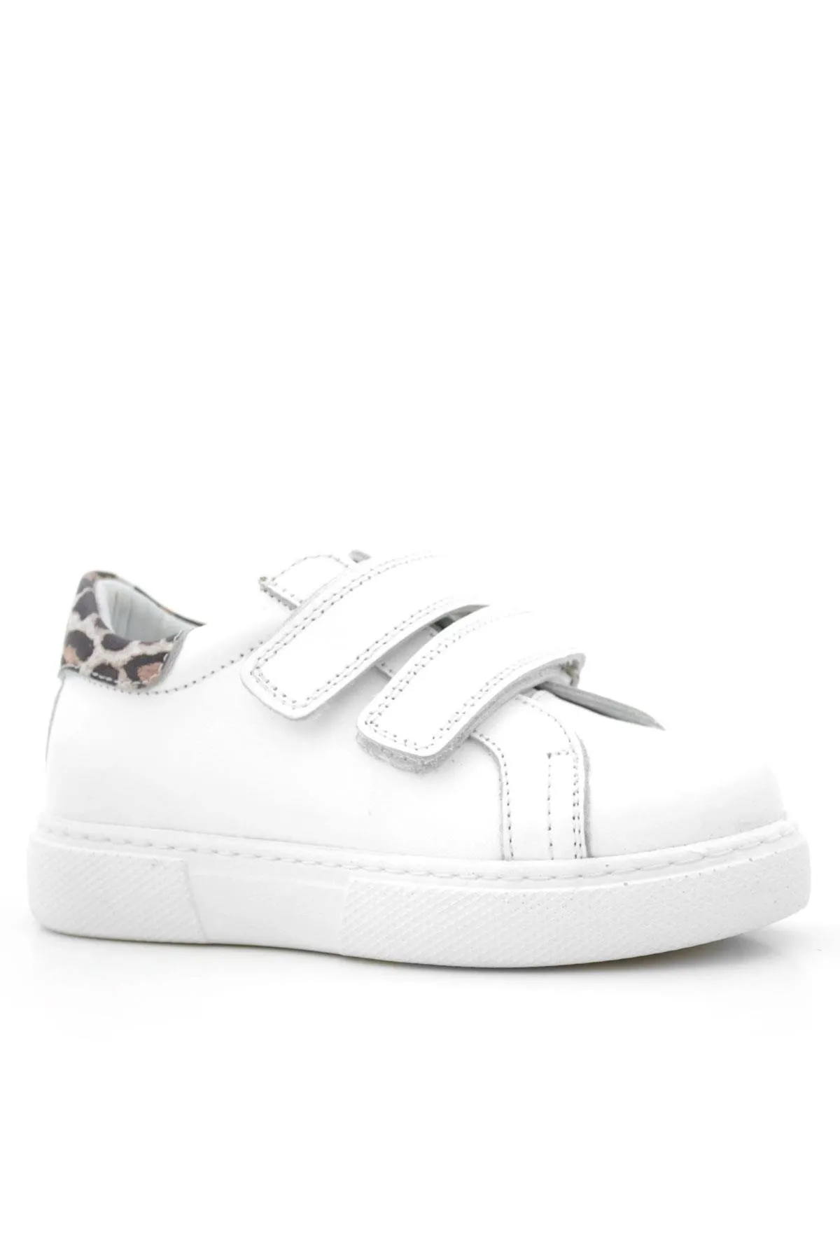 Hakiki Deri Beyaz Cırt Cırtlı Leopar Desenli Kız Çocuk Spor Ayakkabı