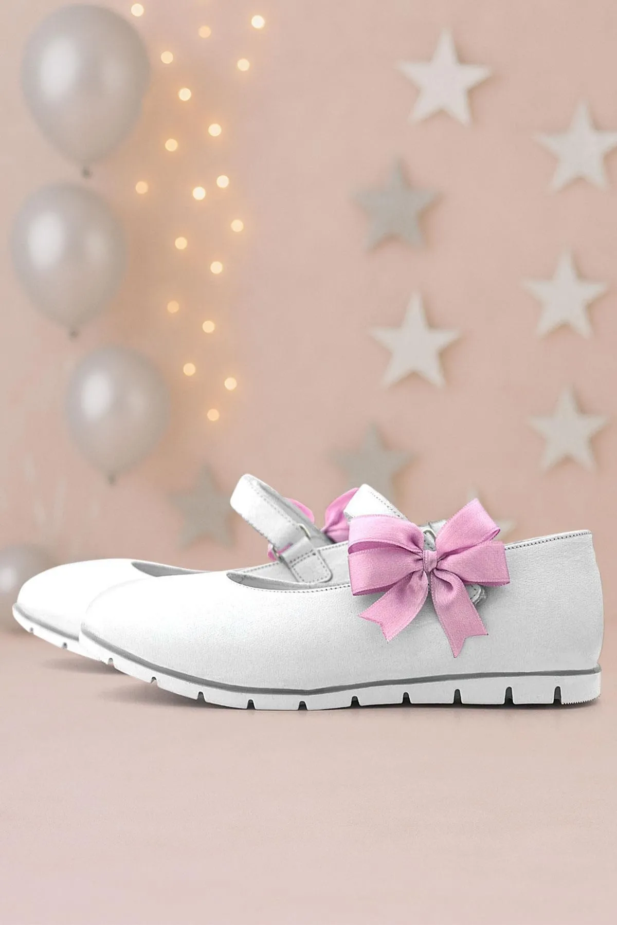 Hakiki Deri Beyaz Cırtlı Pembe Kurdeleli Kız Çocuk Babet