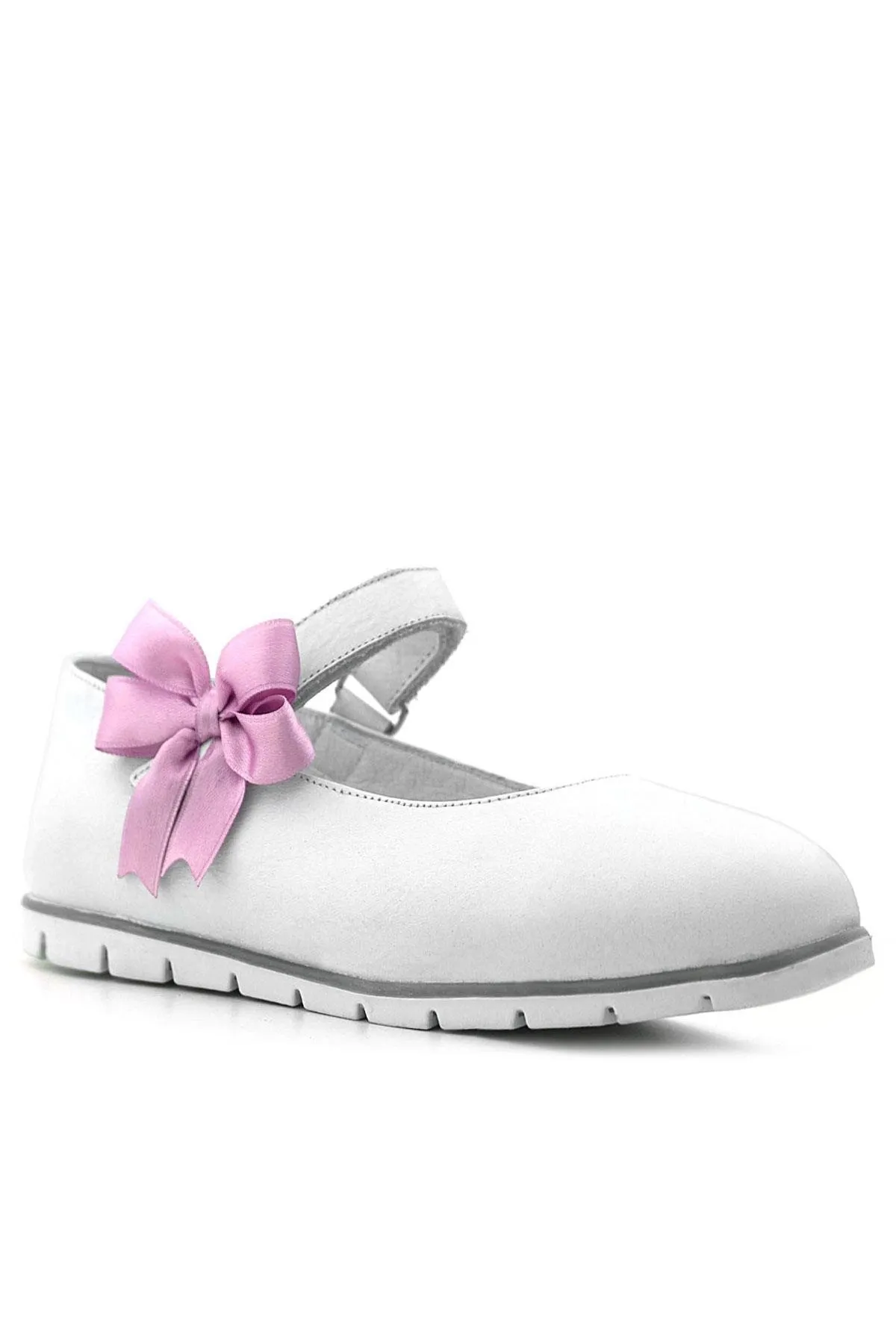 Hakiki Deri Beyaz Cırtlı Pembe Kurdeleli Kız Çocuk Babet