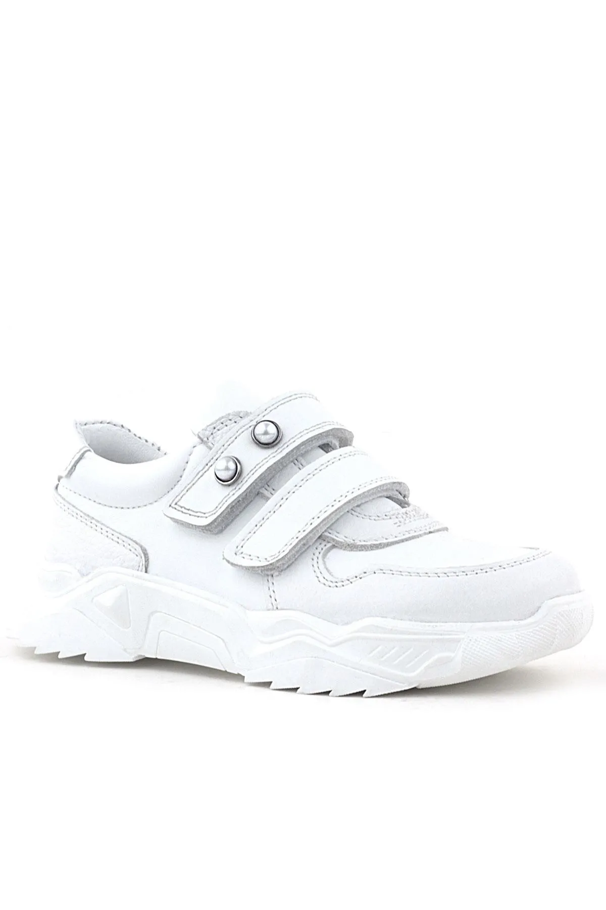 Hakiki Deri Beyaz Taşlı Kız Çocuk Sneakers Ayakkabı