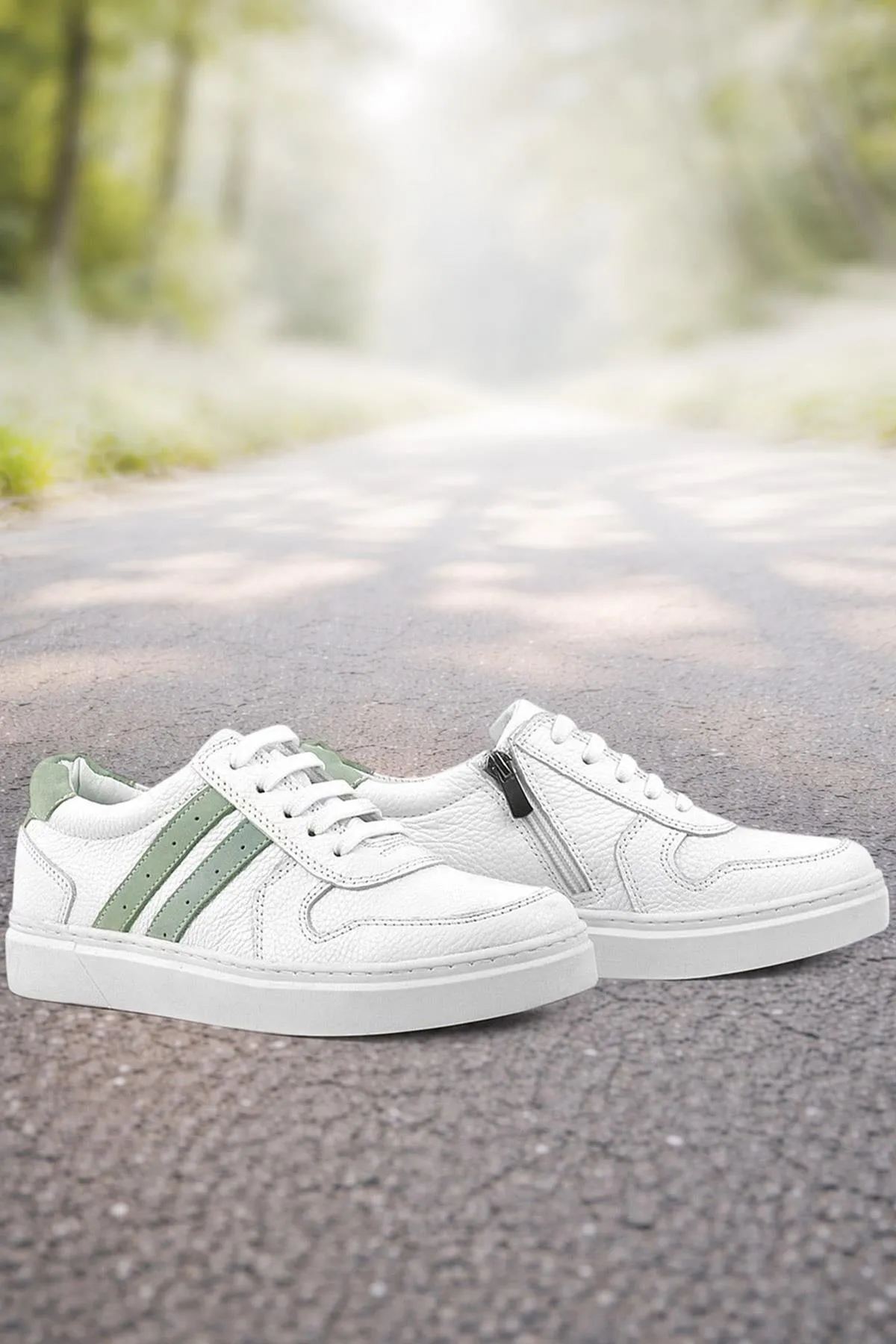 Hakiki Deri Beyaz Yeşil Bağcıklı Fermuarlı Çocuk Sneaker