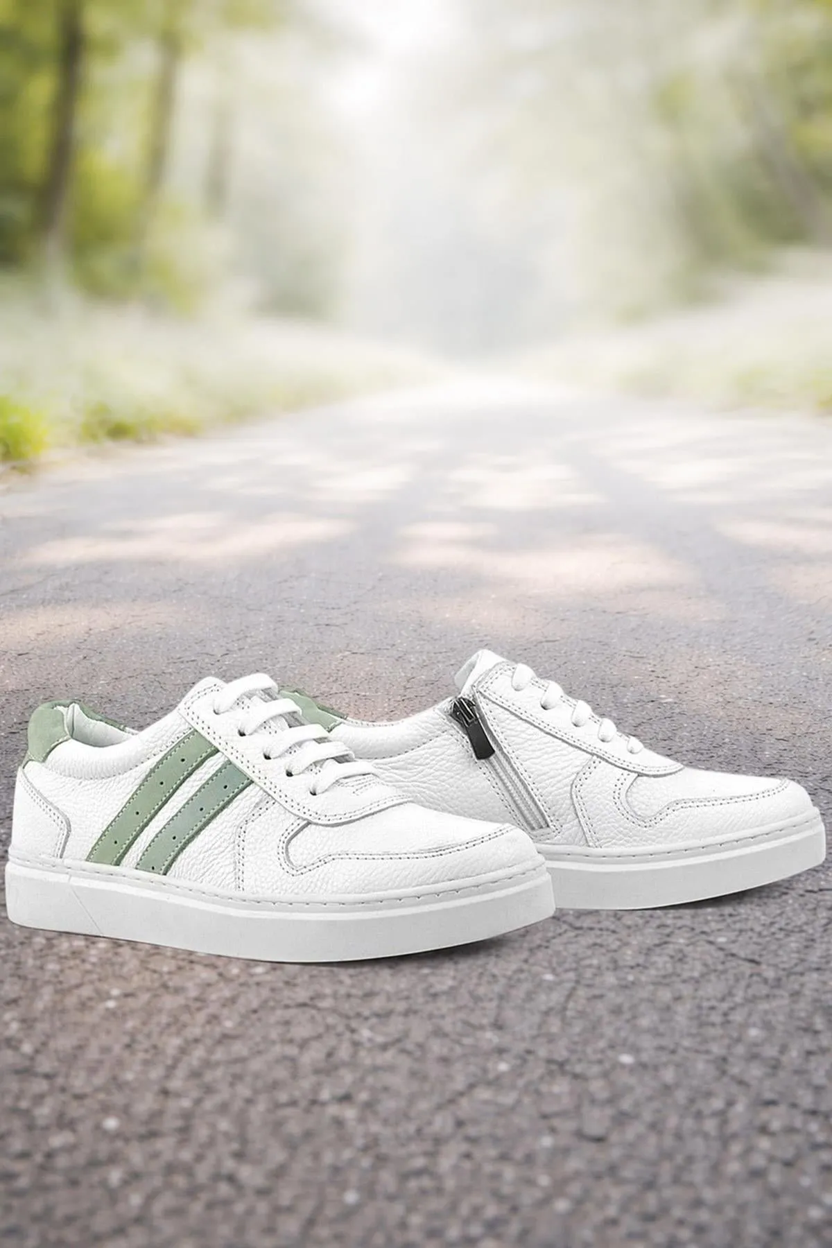 Hakiki Deri Beyaz Yeşil Bağcıklı Fermuarlı Çocuk Sneaker