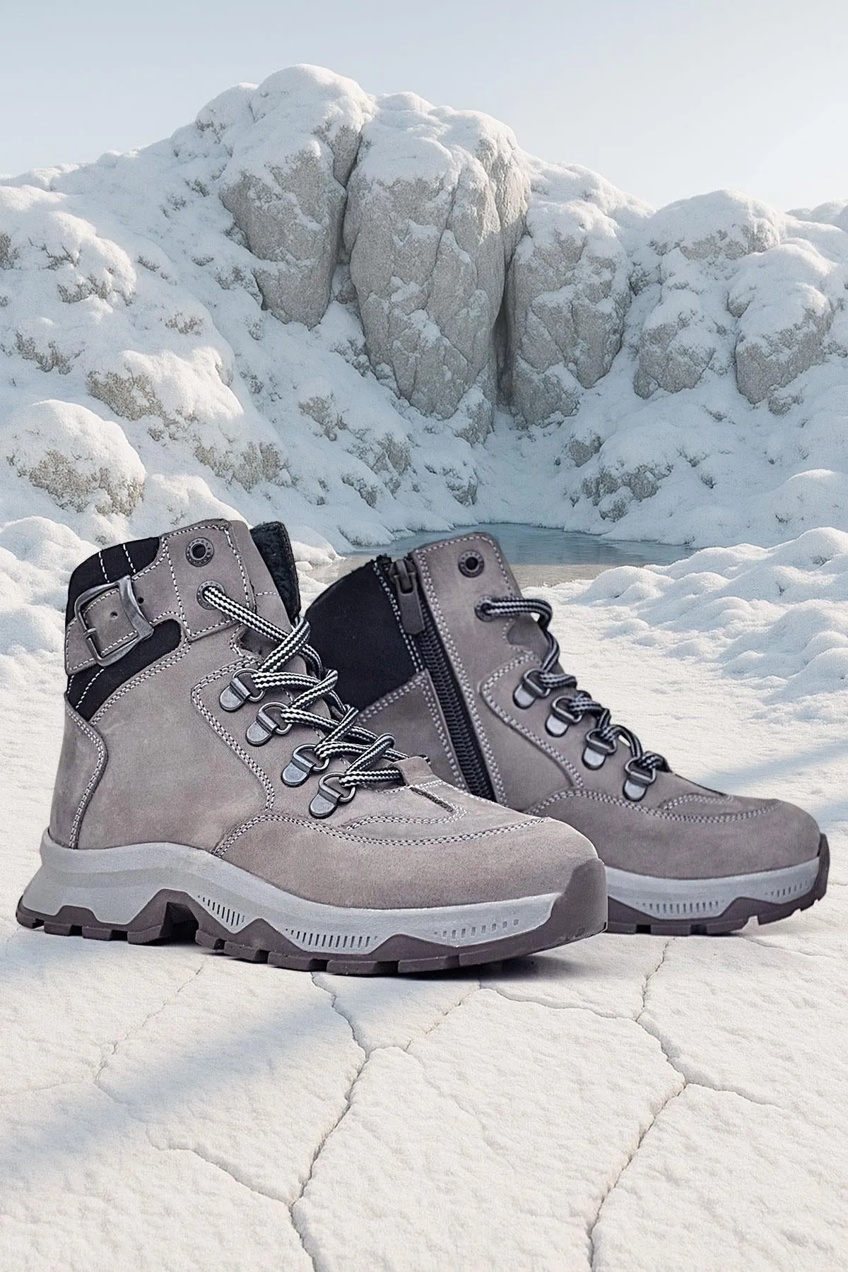 Hakiki Deri Gri Bağcıklı Fermuarlı Trekking Çocuk Bot