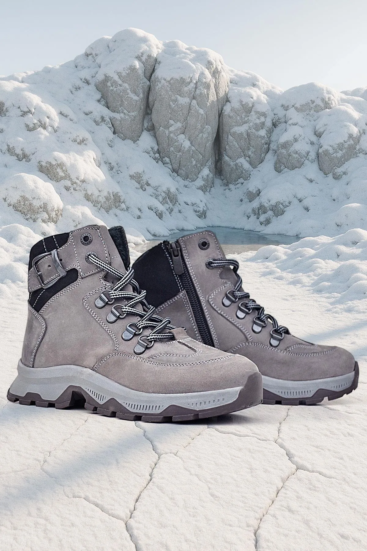 Hakiki Deri Gri Bağcıklı Fermuarlı Trekking Çocuk Bot