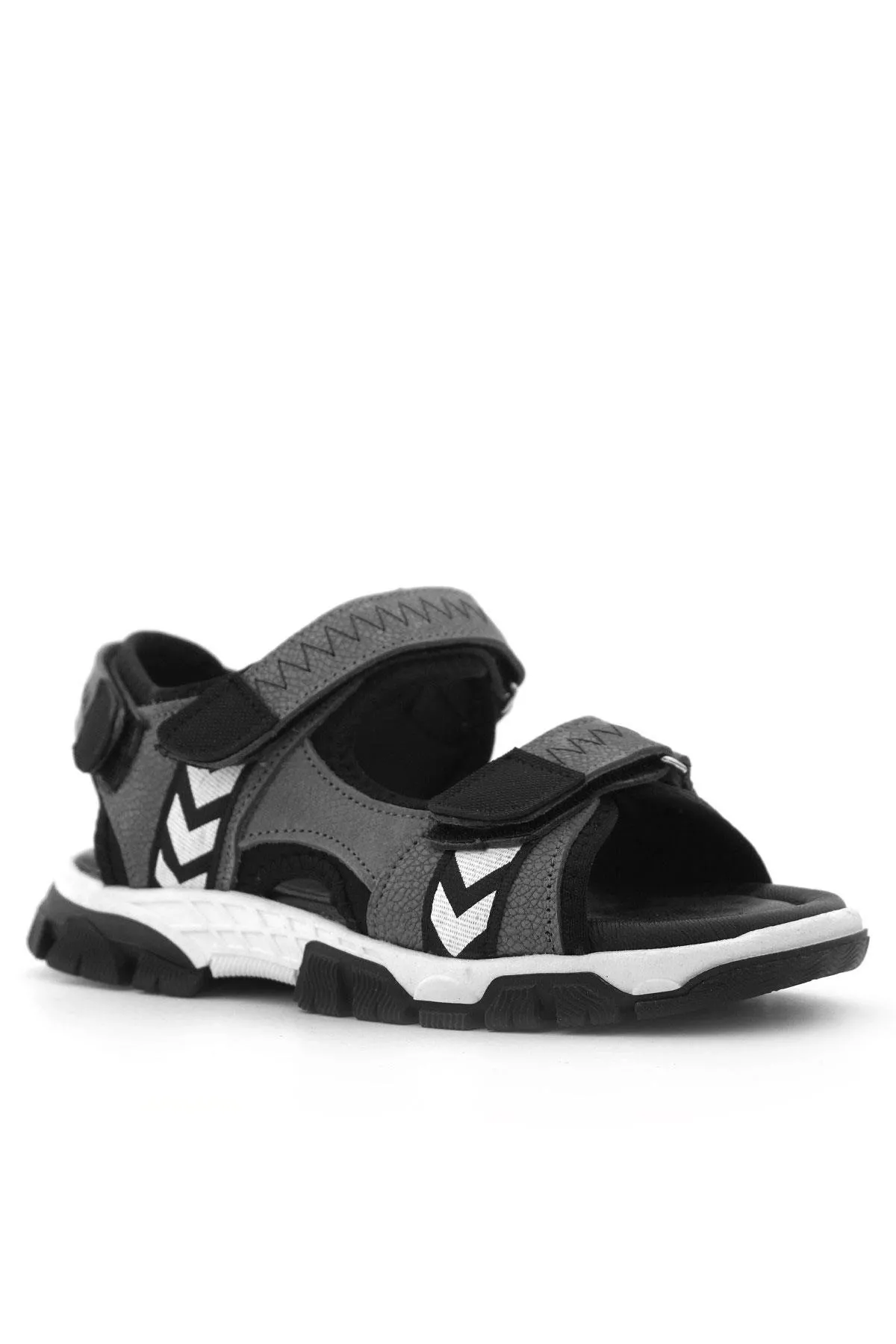 Hakiki Deri Gri Siyah Cırt Cırtlı Erkek Çocuk Sandalet