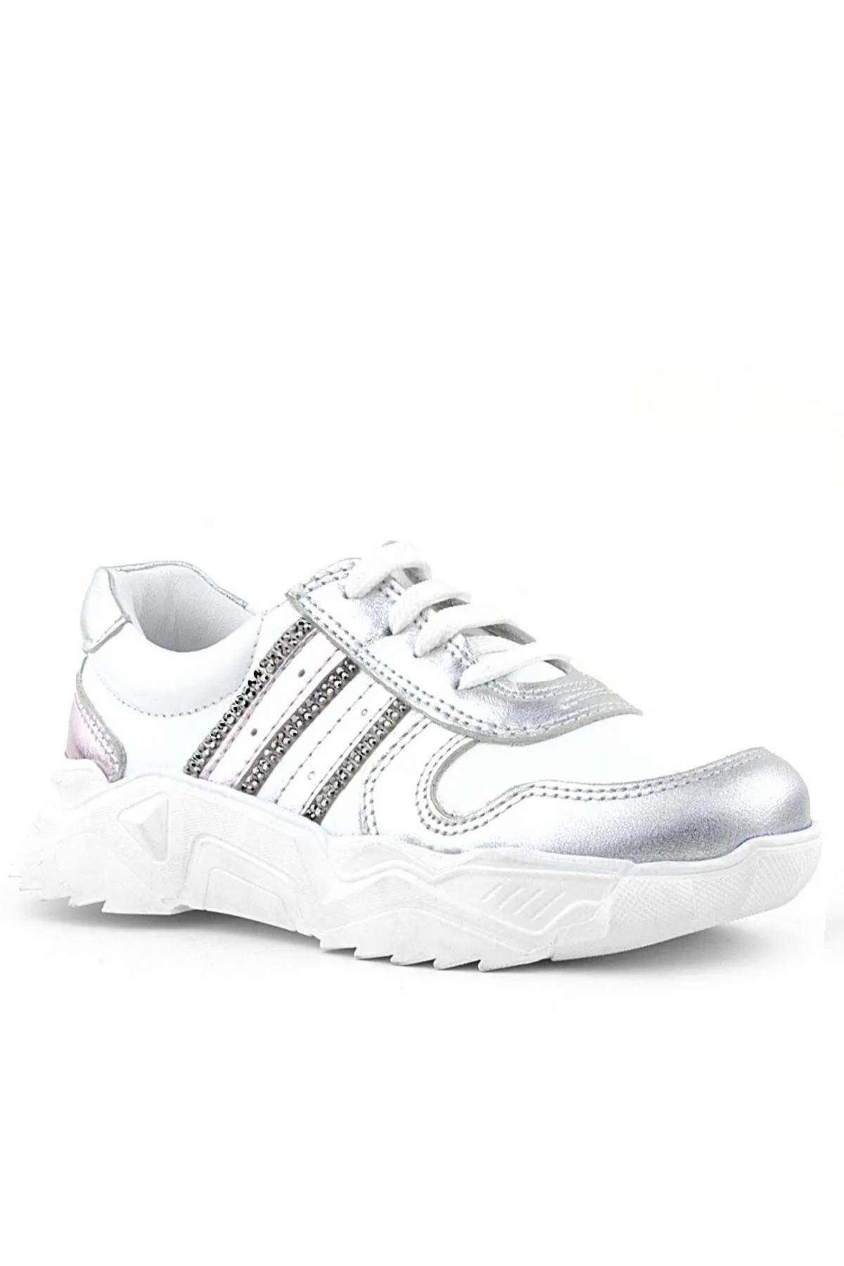 Hakiki Deri Gümüş Pembe Parlak Taşlı Kız Çocuk Sneakers Ayakkabı