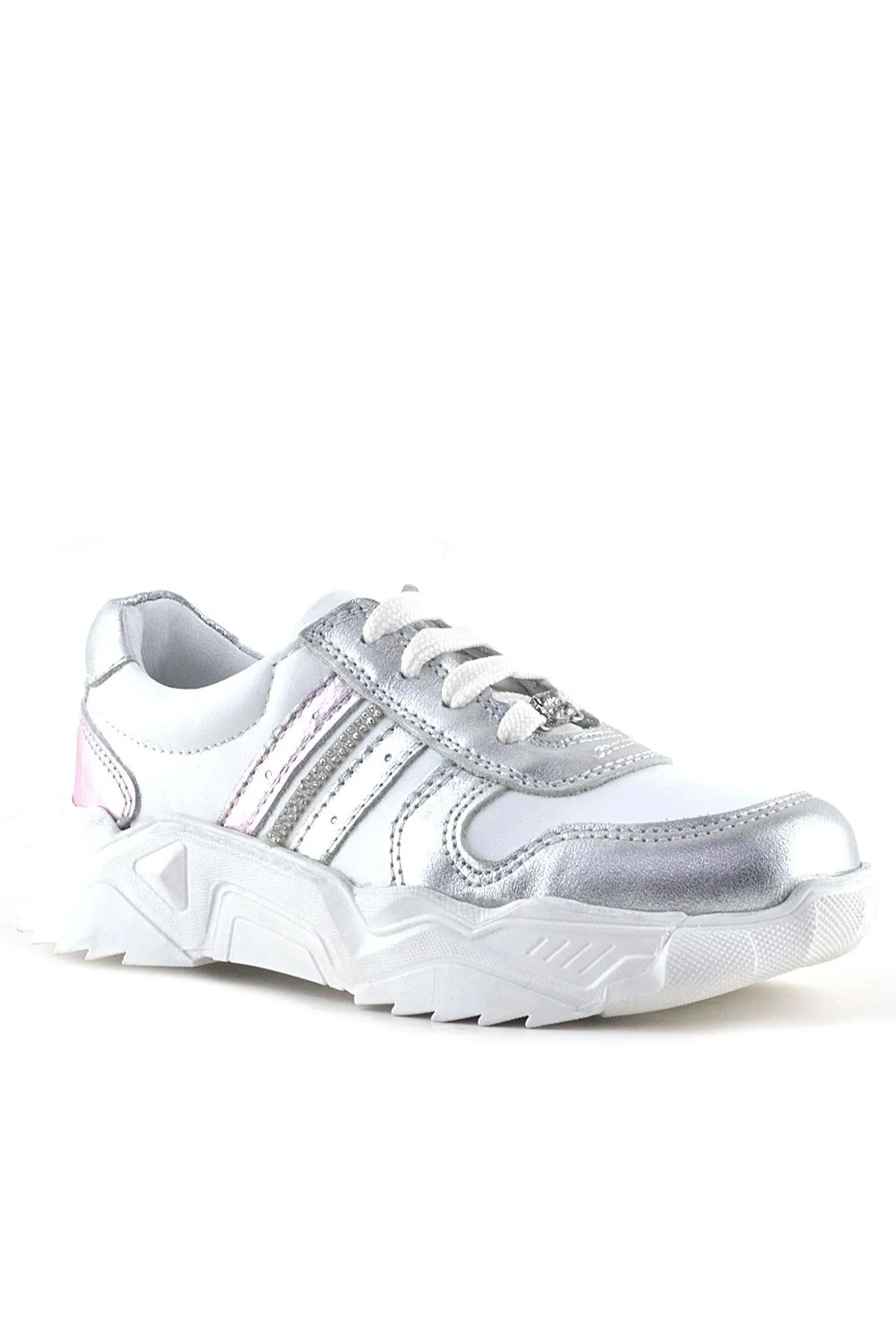 Hakiki Deri Gümüş Pembe Taşlı Kız Çocuk Günlük Ayakkabı