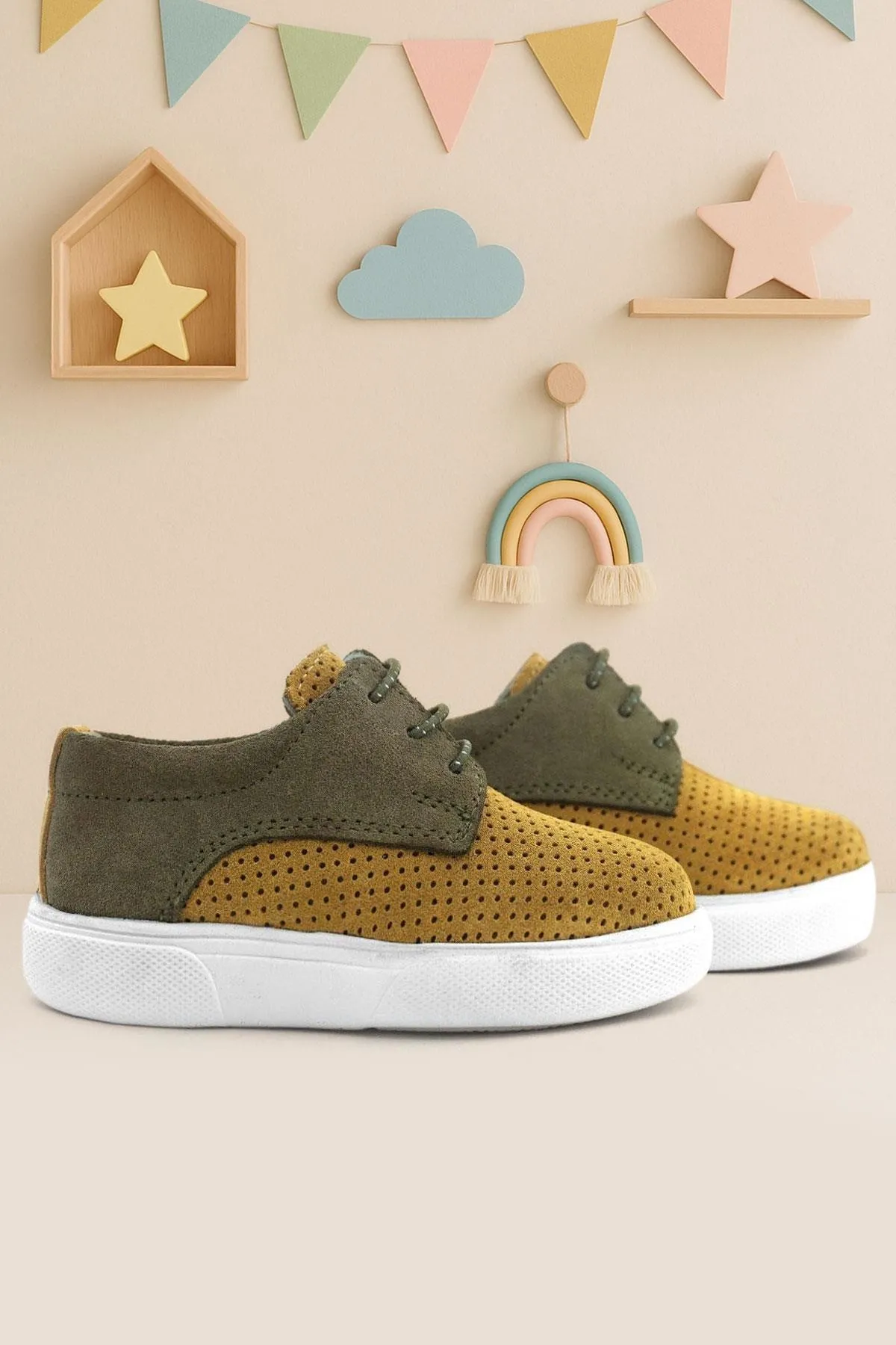 Hakiki Deri Hardal Sarı Haki Lastikli Erkek Çocuk Günlük Ayakkabı