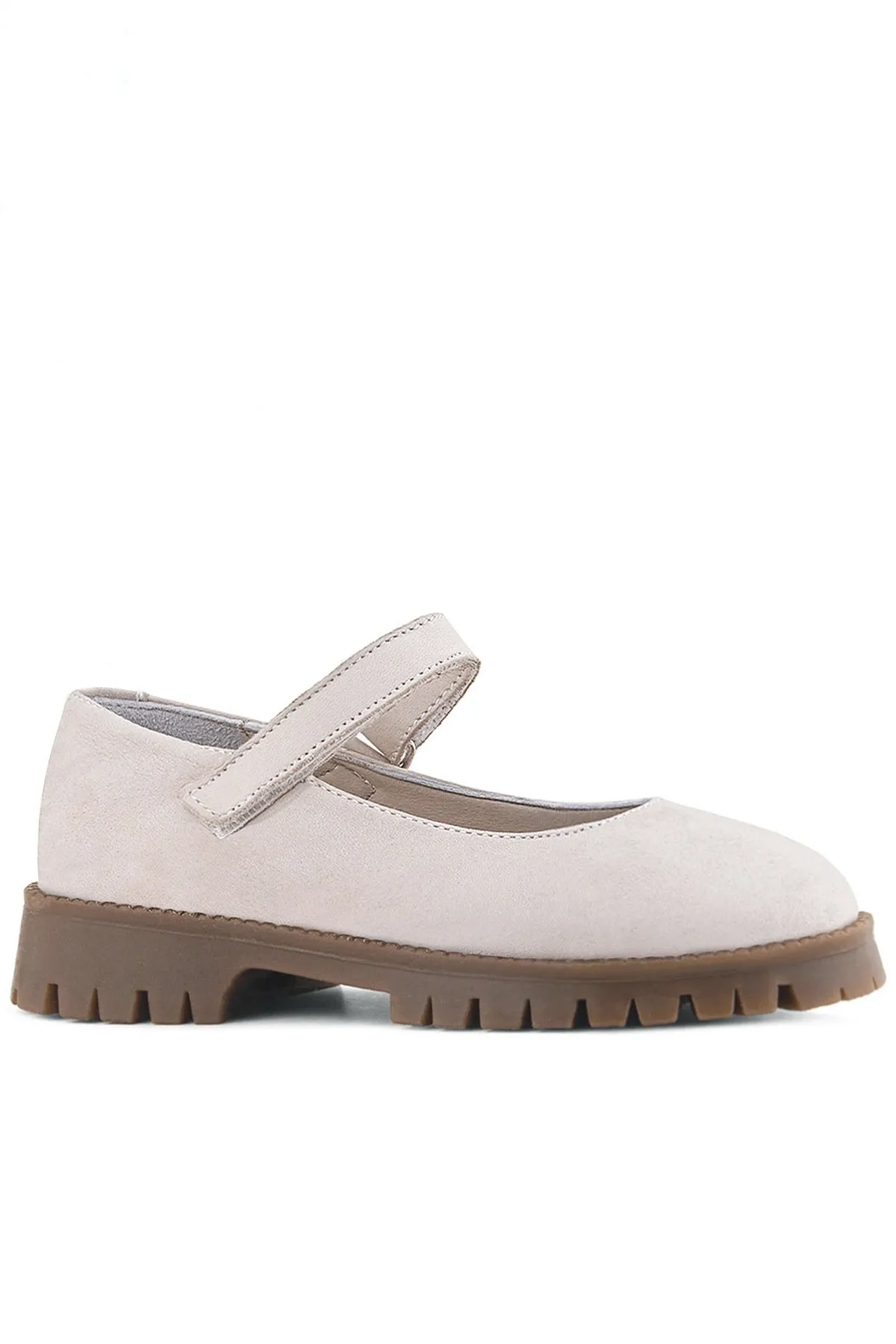 Hakiki Deri Krem Nubuk Cırtlı Kalın Tabanlı Kız Çocuk Okul Ayakkabısı