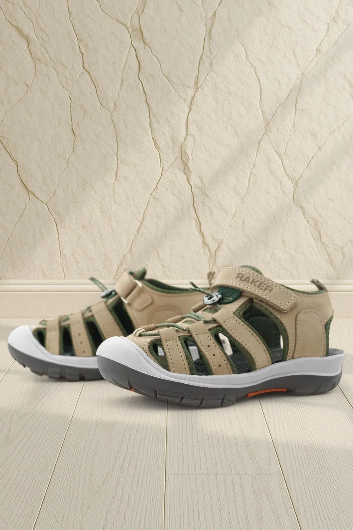 Hakiki Deri Kum Rengi Haki Yeşil Çocuk Sandalet