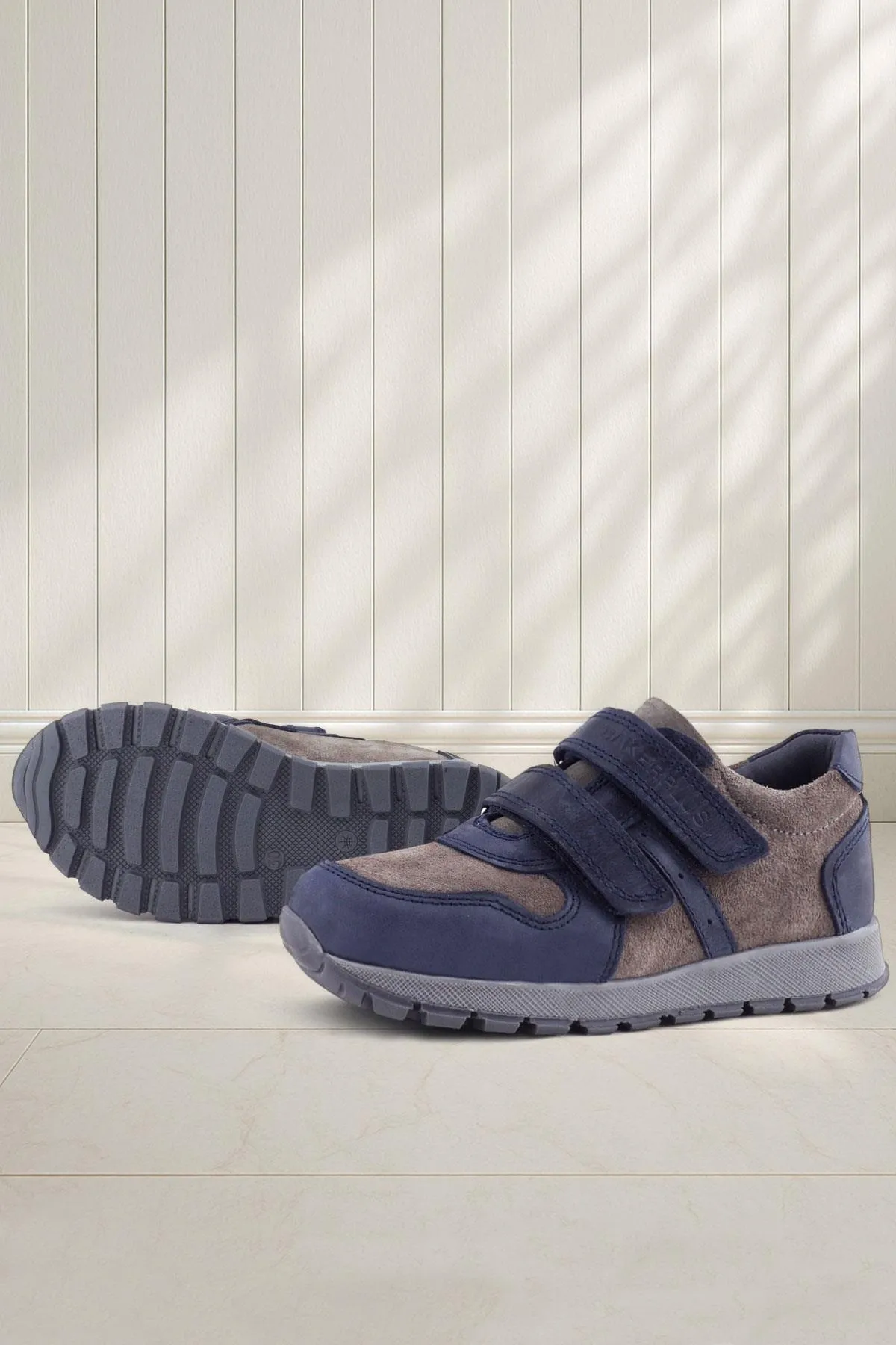 Hakiki Deri Lacivert Gri Cırtlı Çocuk Spor Ayakkabı