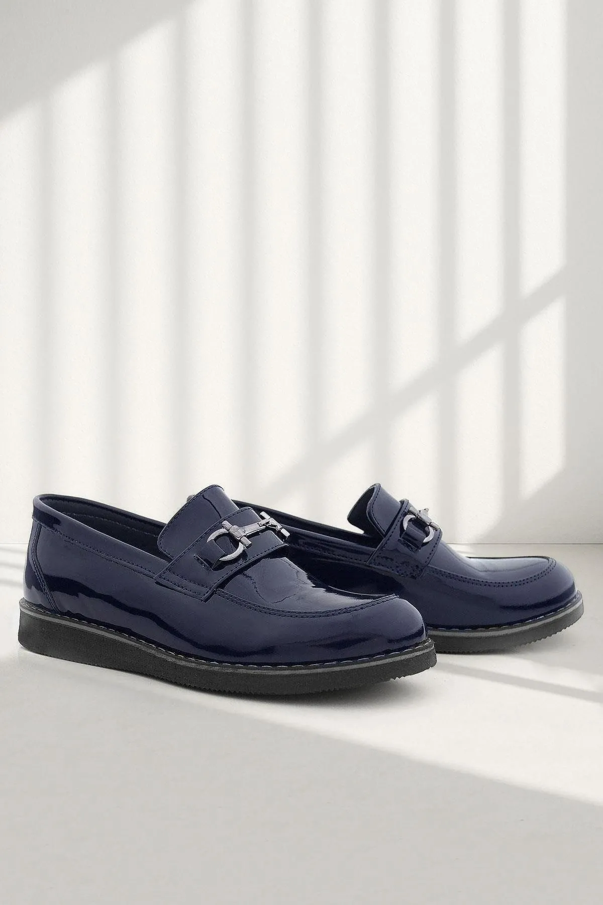 Hakiki Deri Lacivert Rugan Tokalı Loafer Çocuk Klasik Ayakkabı