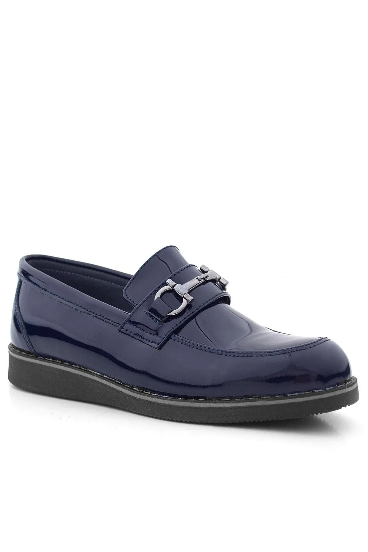 Hakiki Deri Lacivert Rugan Tokalı Loafer Çocuk Klasik Ayakkabı