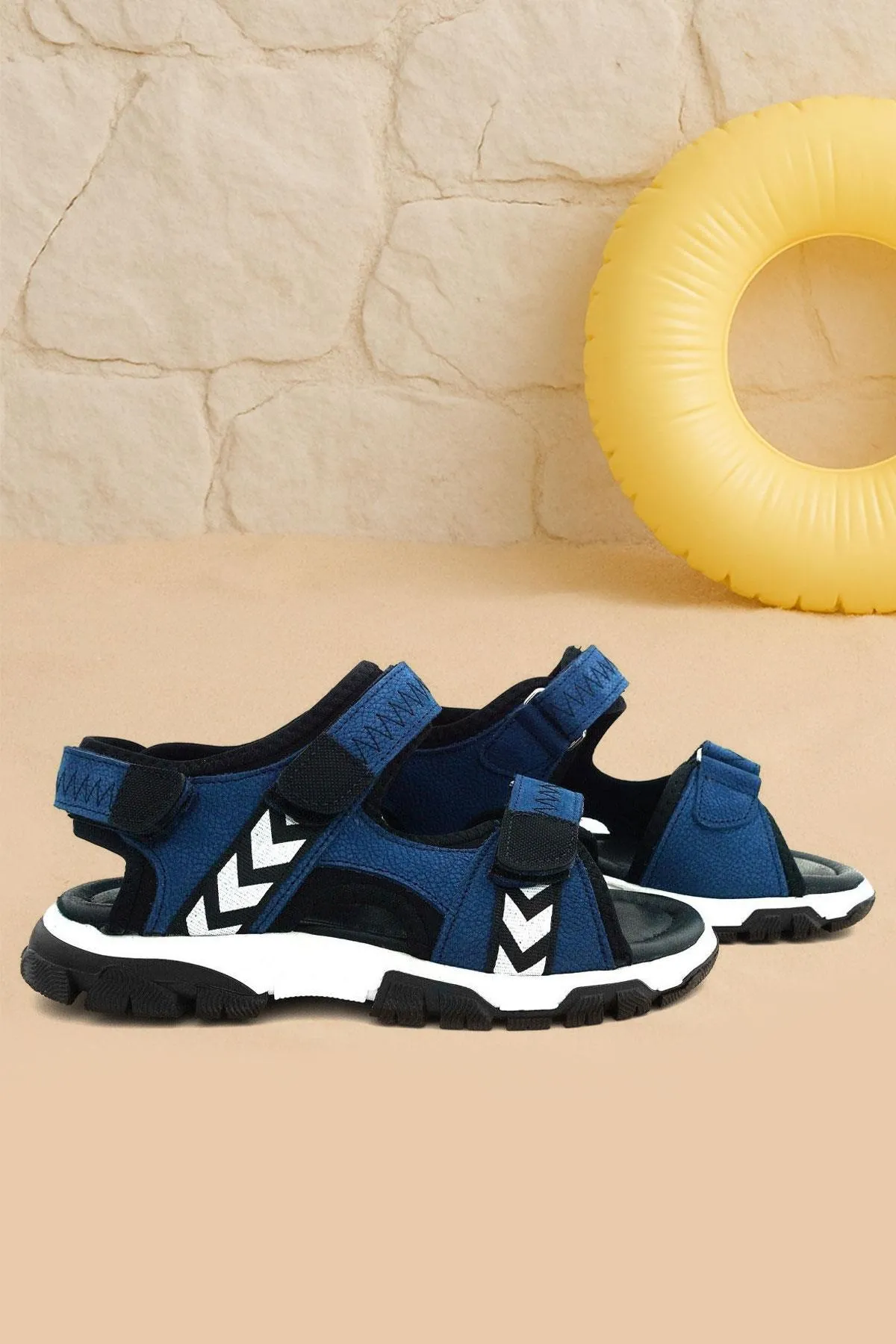 Hakiki Deri Mavi Siyah Cırt Cırtlı Erkek Çocuk Sandalet