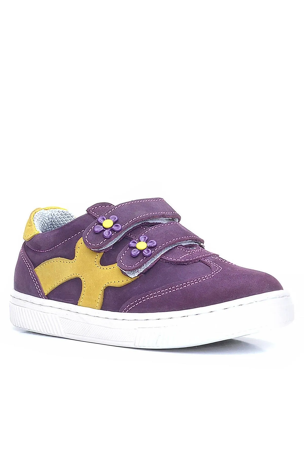 Hakiki Deri Mor Sarı Cırtlı Çiçek Detaylı Kız Çocuk Günlük Ayakkabı