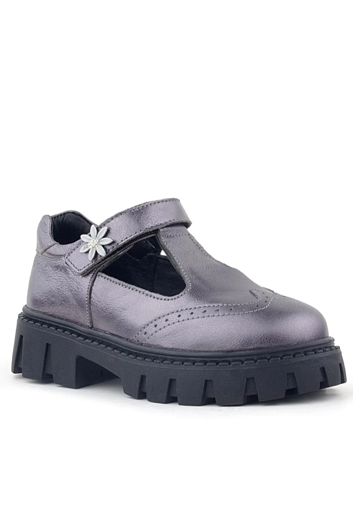 Hakiki Deri Platin Çiçek Detaylı Cırtlı Kız Çocuk Okul Ayakkabı