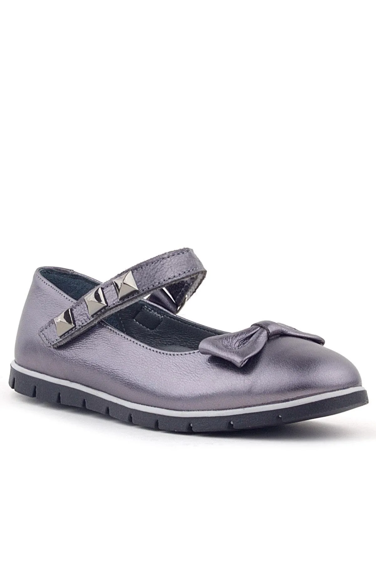 Hakiki Deri Platin Cırtlı Metal Detaylı Kız Çocuk Babet Ayakkabı
