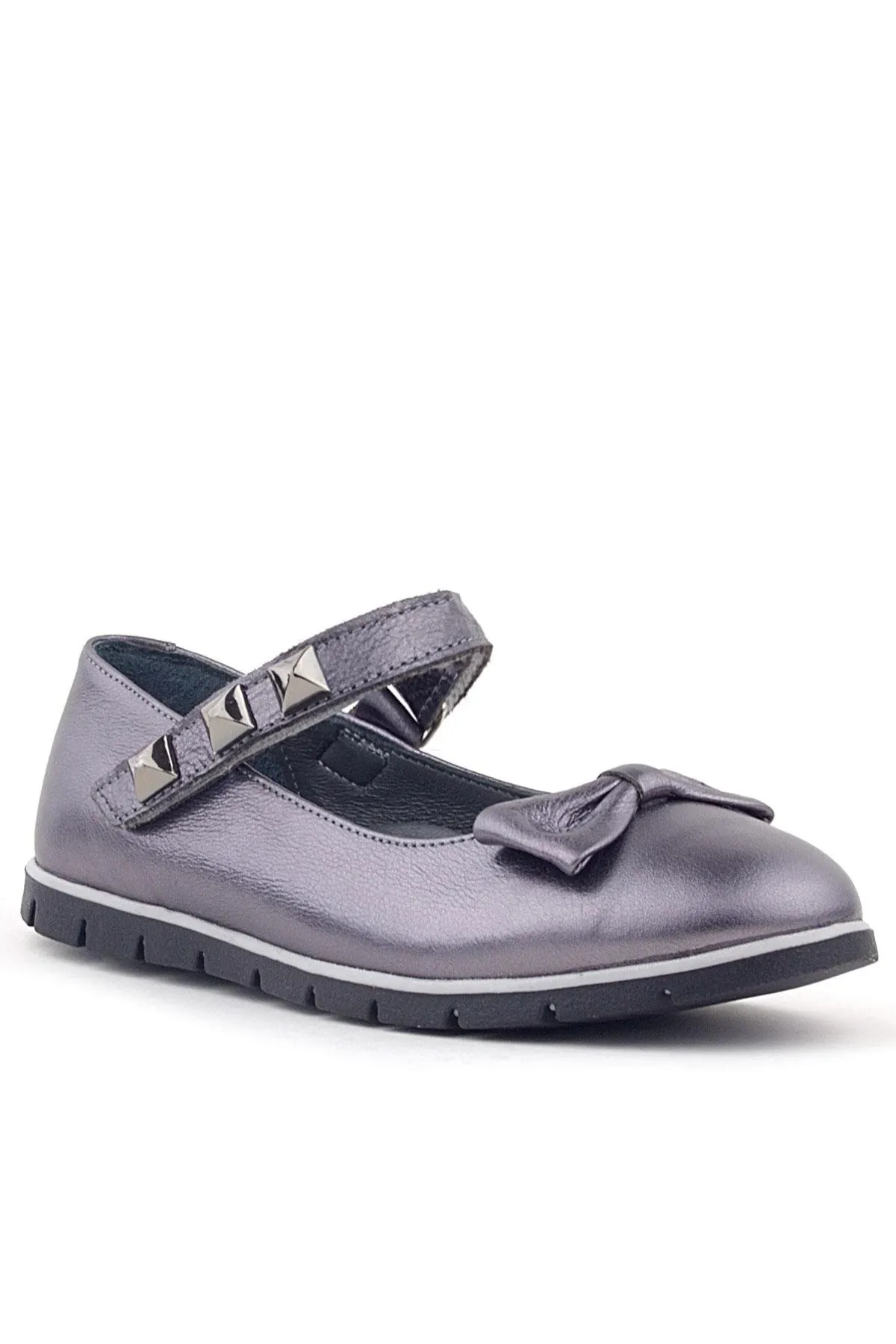 Hakiki Deri Platin Cırtlı Metal Detaylı Kız Çocuk Babet Ayakkabı