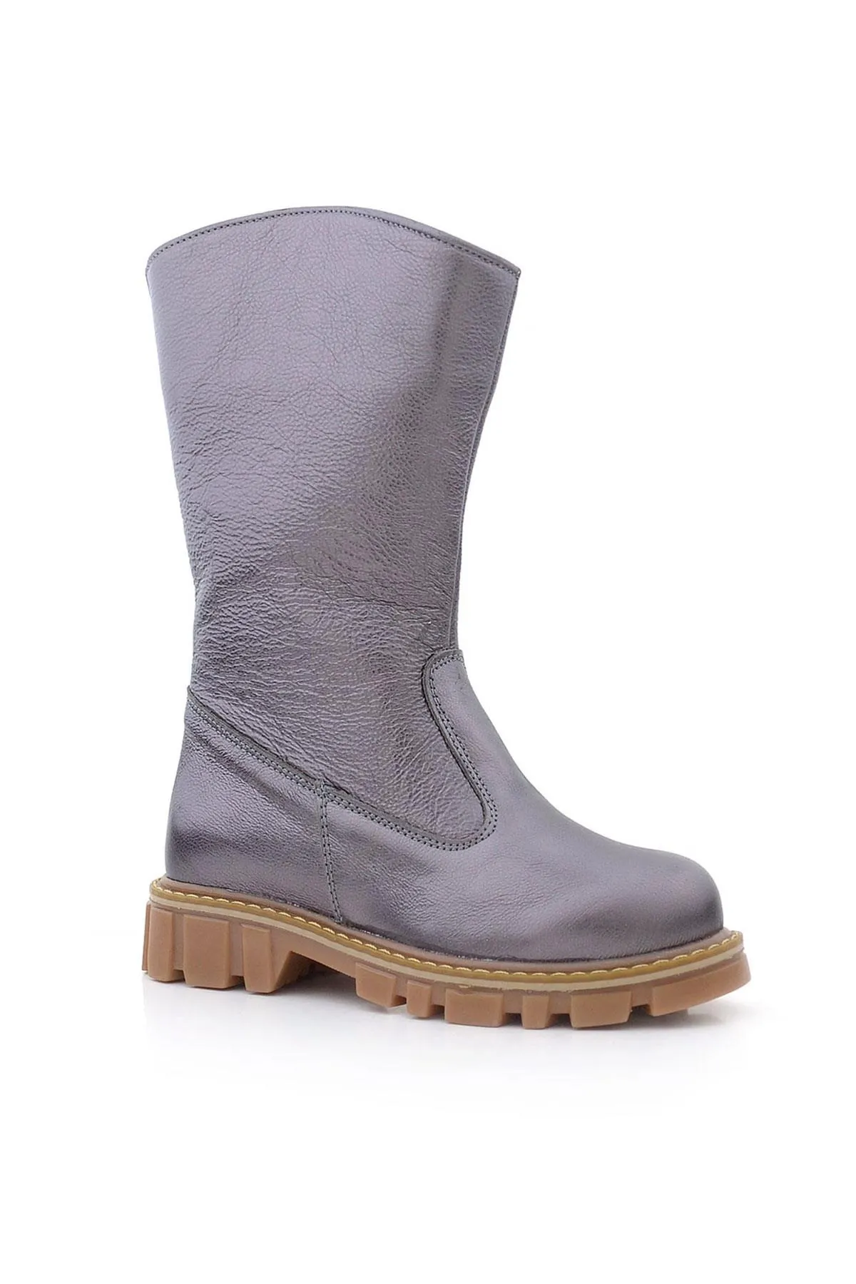 Hakiki Deri Platin Fermuarlı Uzun Kız Çocuk Çizme