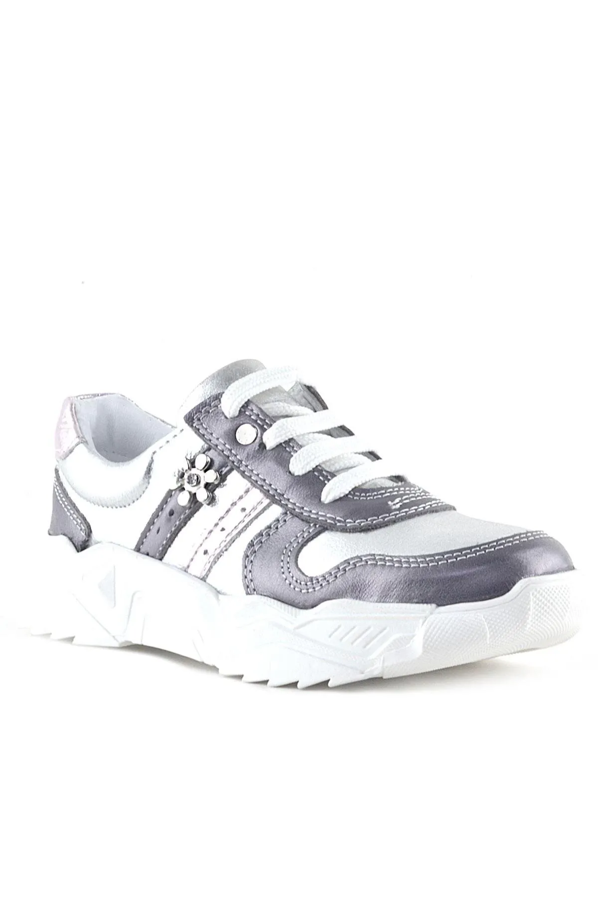 Hakiki Deri Platin Pembe Çiçek Metal Detaylı Kız Çocuk Spor Ayakkabı