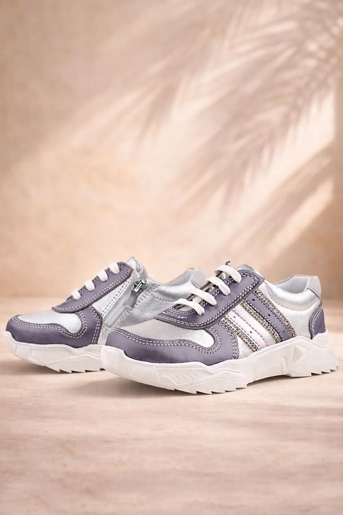 Hakiki Deri Platin Pembe Parlak Taşlı Kız Çocuk Sneakers Ayakkabı