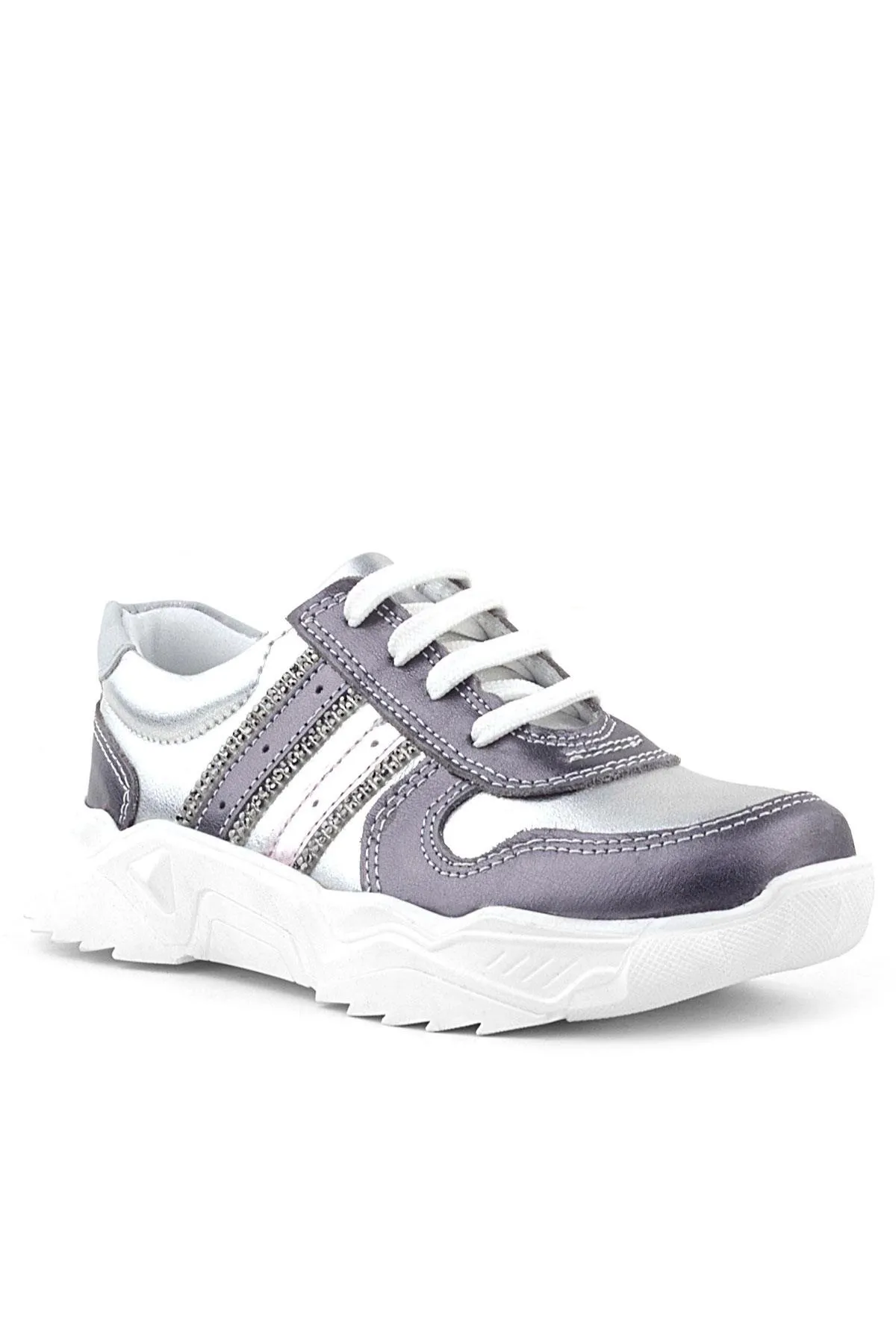 Hakiki Deri Platin Pembe Parlak Taşlı Kız Çocuk Sneakers Ayakkabı