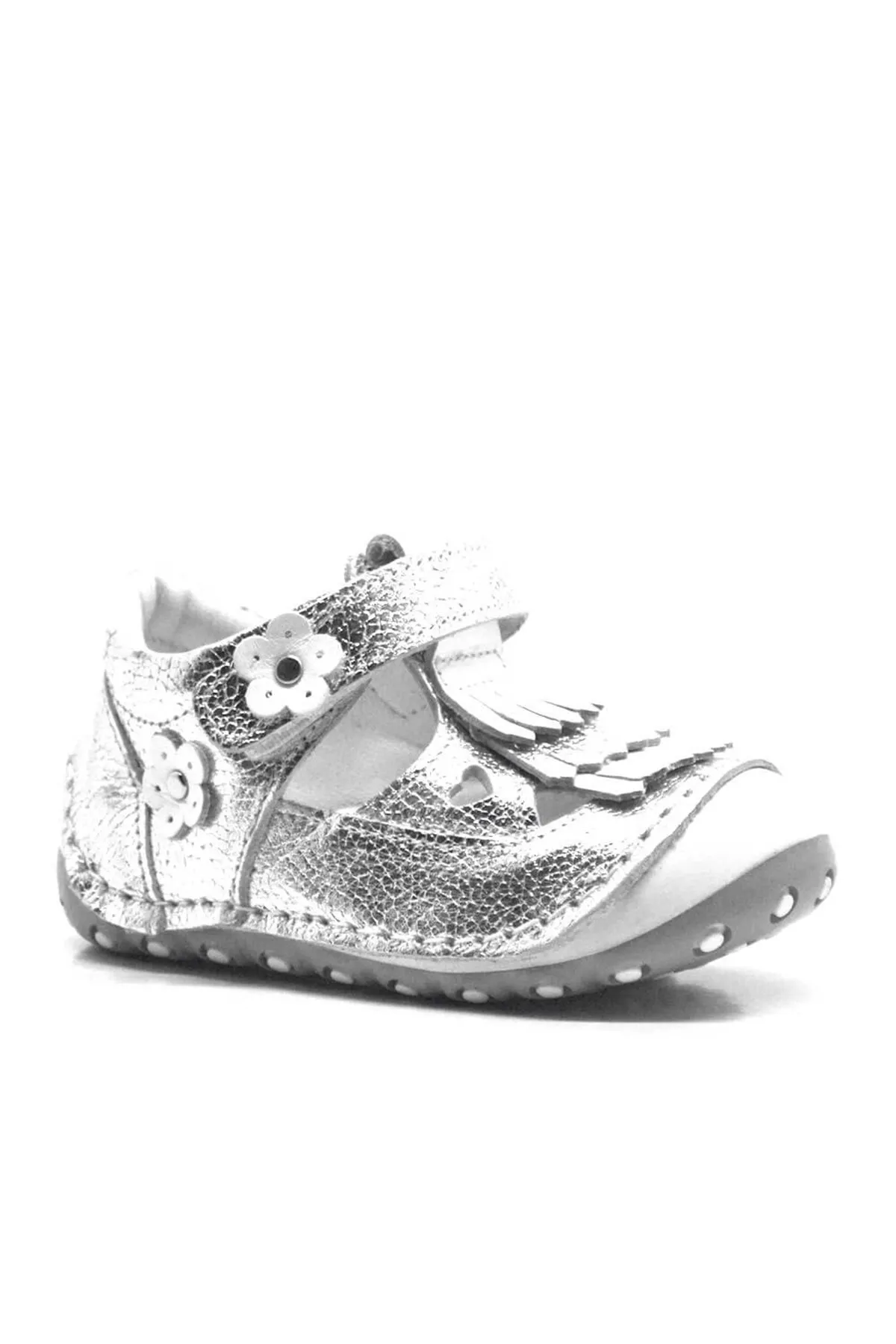 Hakiki Deri Püsküllü Gümüş Cırtlı Yazlık İlk Adım Ayakkabı