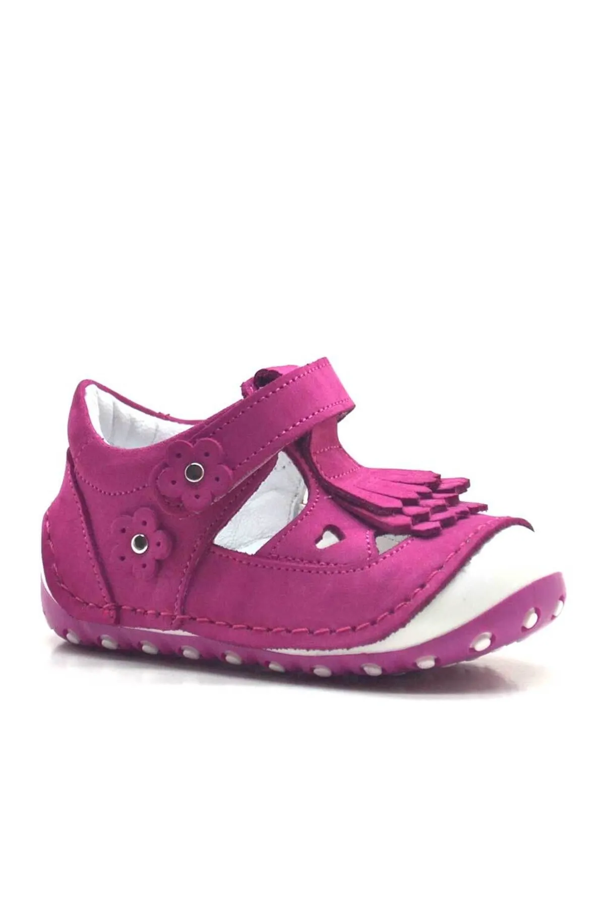 Hakiki Deri Püsküllü Pembe Cırtlı Yazlık İlk Adım Ayakkabı