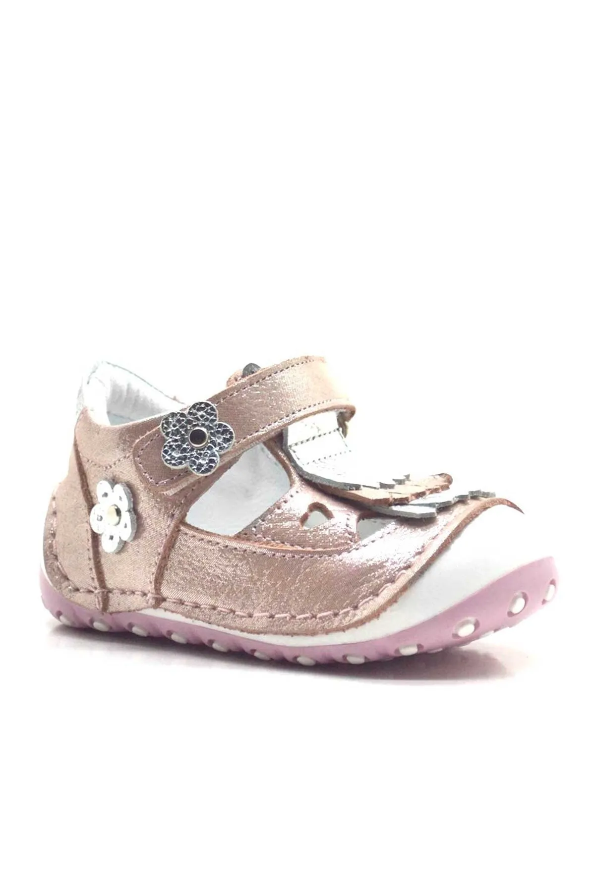Hakiki Deri Püsküllü Pembe Cırtlı Yazlık İlk Adım Ayakkabı