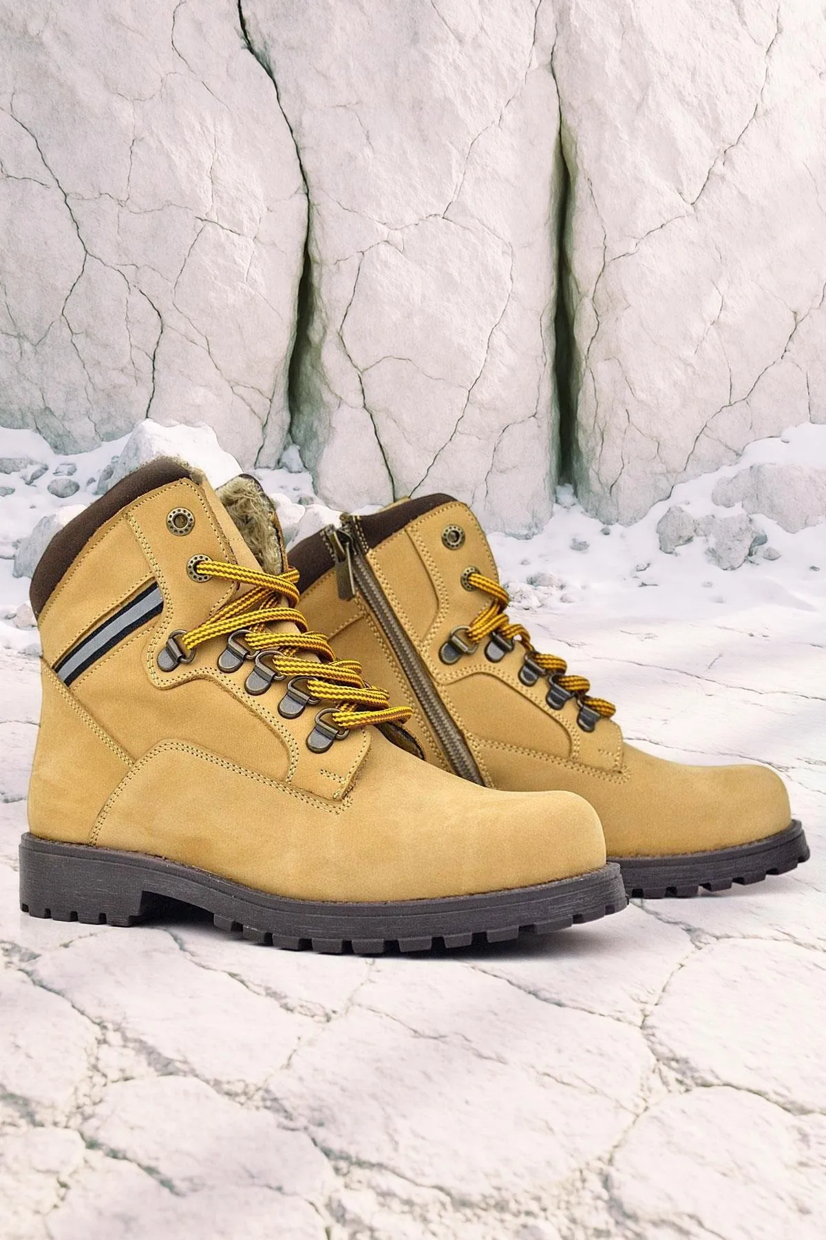 Hakiki Deri Sarı Kahve Bağcıklı Fermuarlı Çocuk Bot