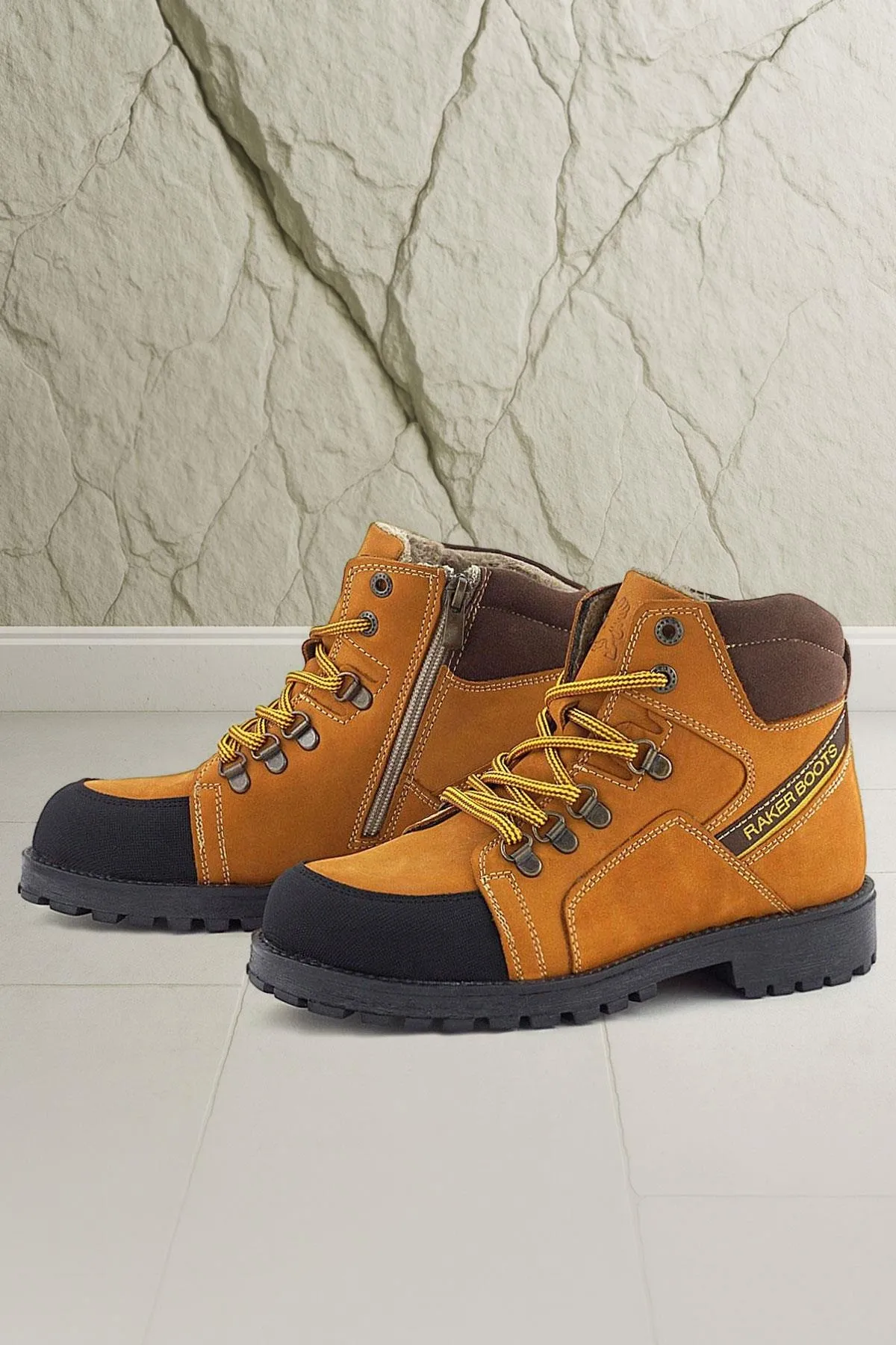 Hakiki Deri Sarı Kahve Bağcıklı Fermuarlı Çocuk Bot