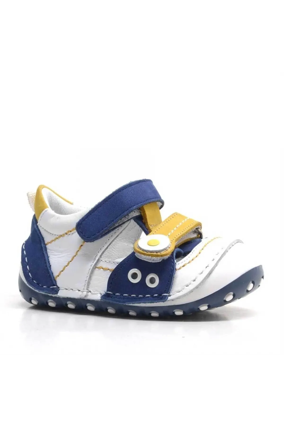 Hakiki Deri Sarı Lacivert Cırtlı Yazlık İlk Adım Ayakkabı