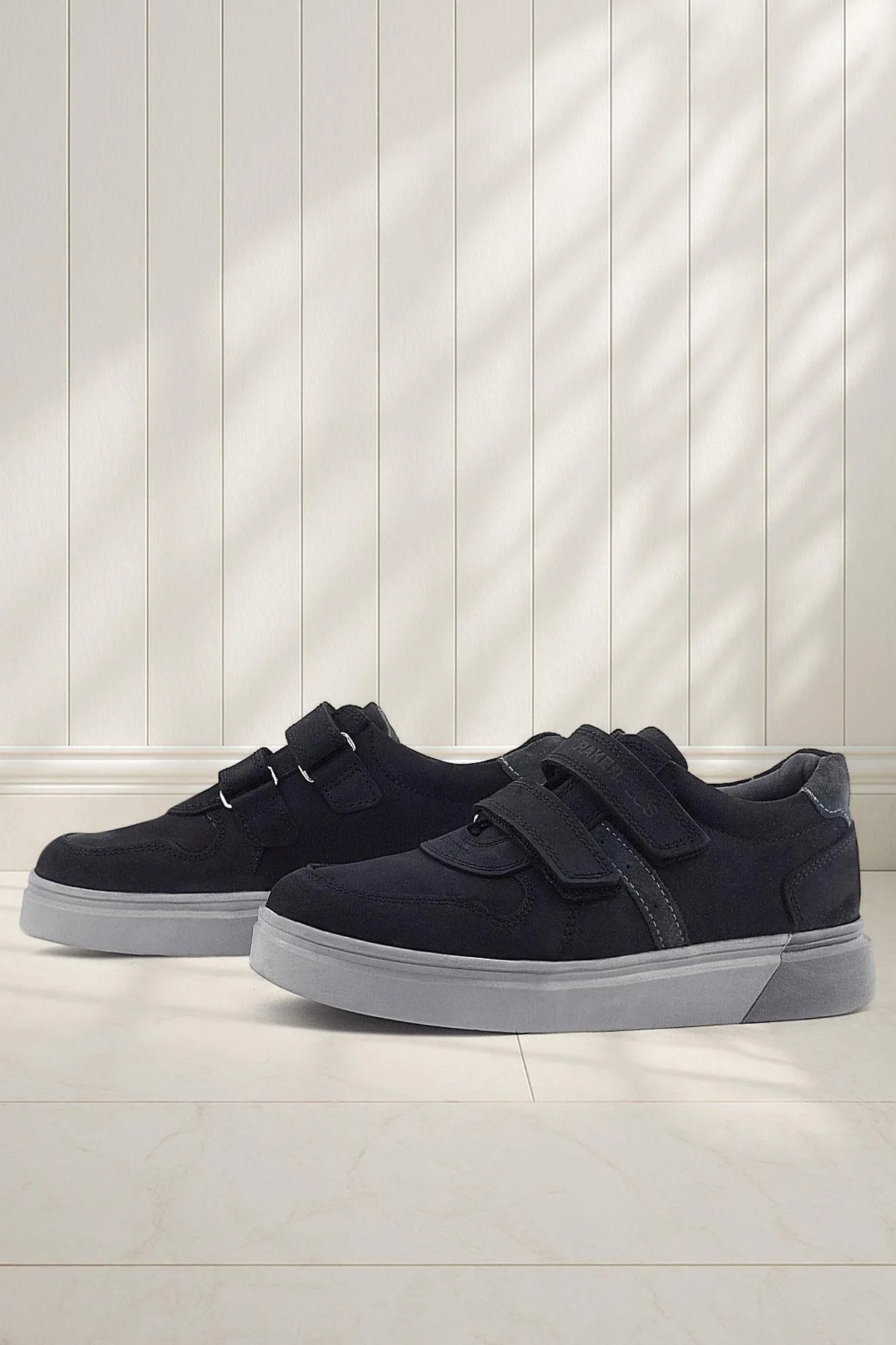 Hakiki Deri Siyah Nubuk Gri Cırtlı Erkek Çocuk Sneaker