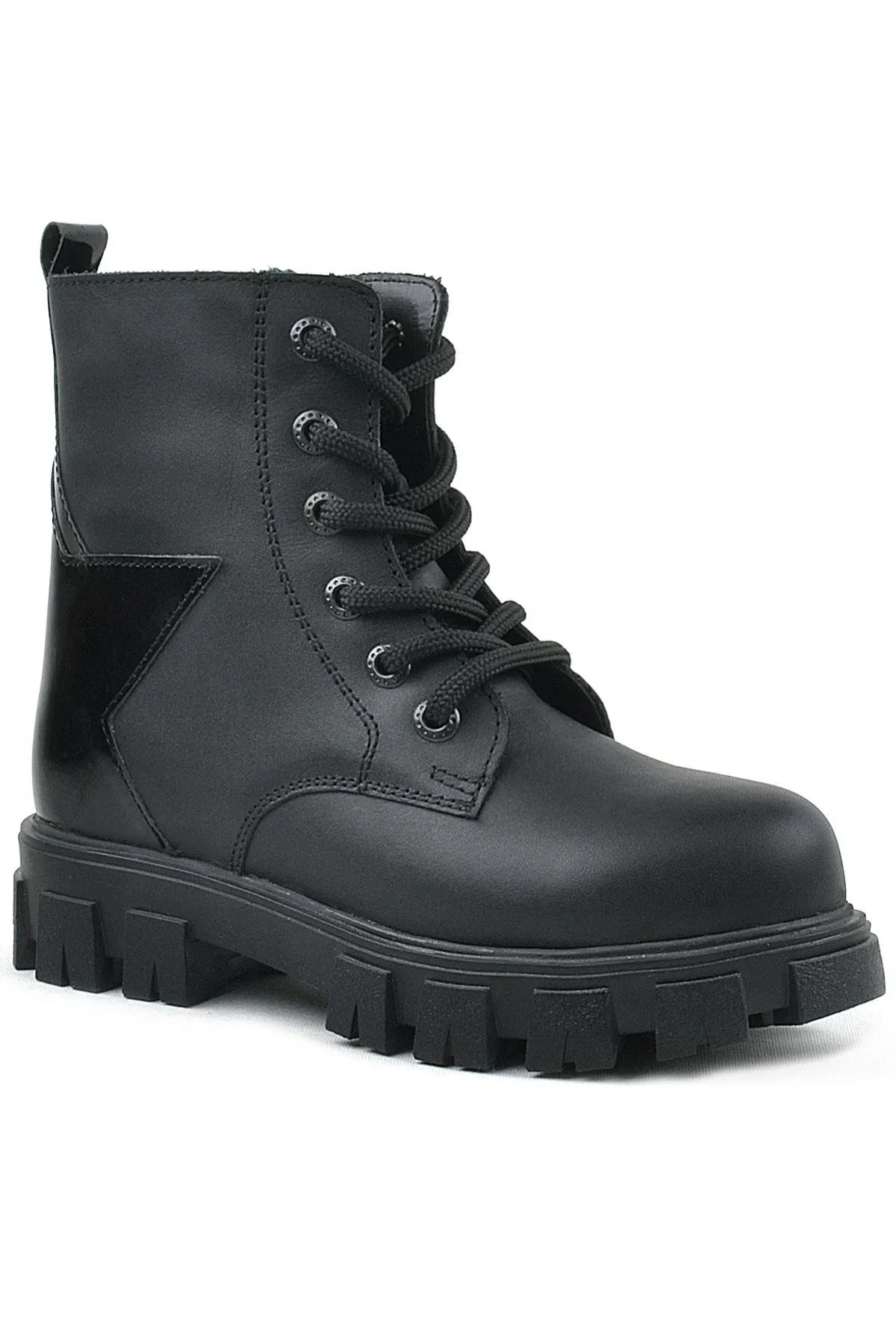 Hakiki Deri Siyah Yıldız Detaylı Kız Çocuk Bot