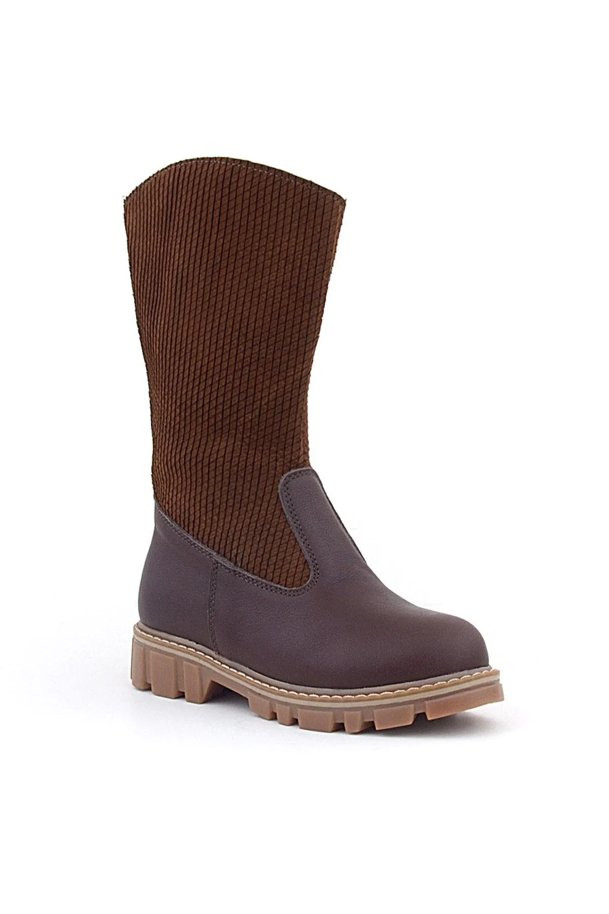 Hakiki Deri Taba Kahve Fermuarlı Uzun Kız Çocuk Çizme