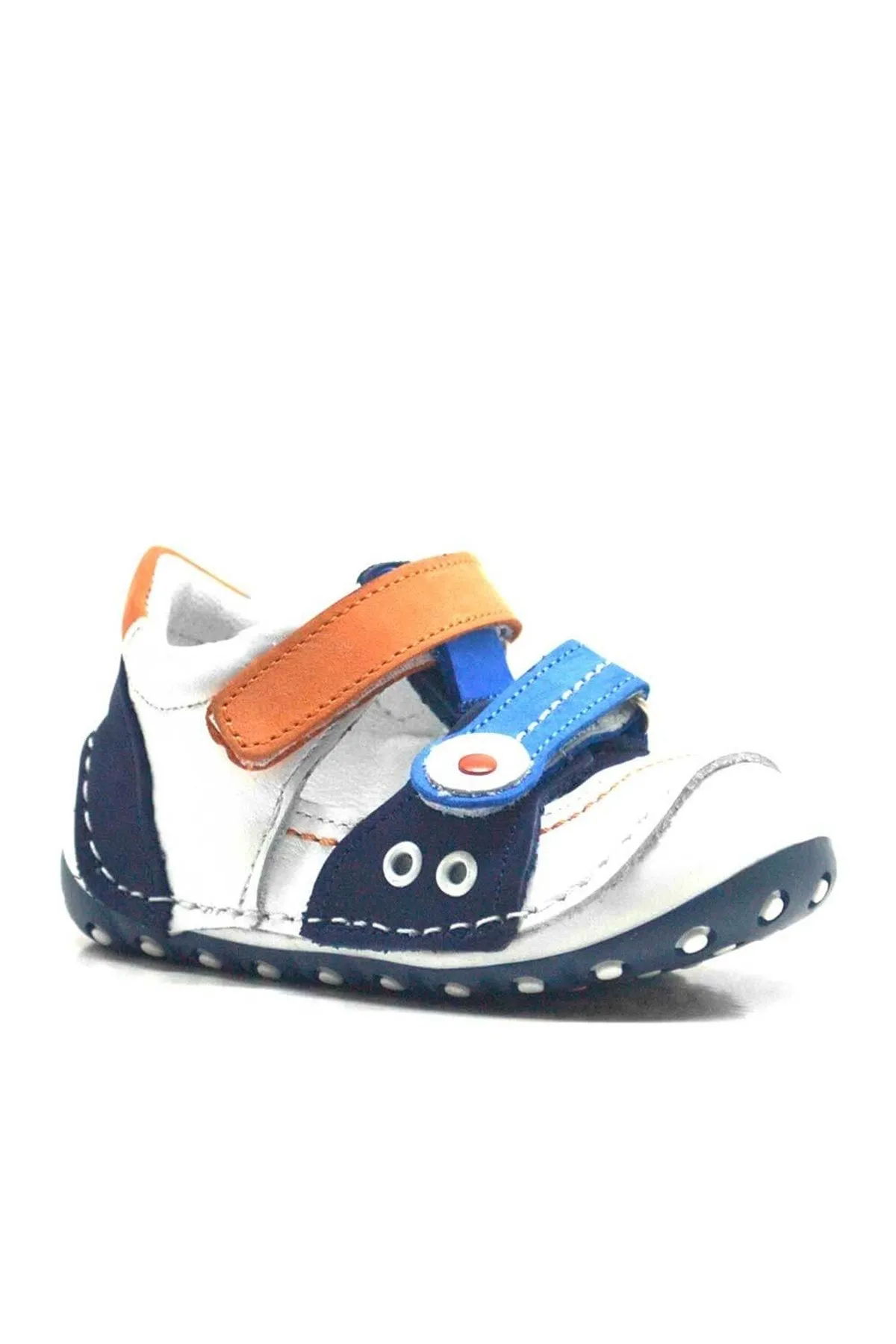 Hakiki Deri Turuncu Mavi Cırtlı Yazlık İlk Adım Ayakkabı