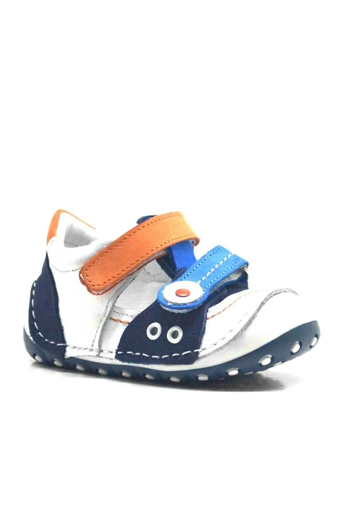 Hakiki Deri Turuncu Mavi Cırtlı Yazlık İlk Adım Ayakkabı