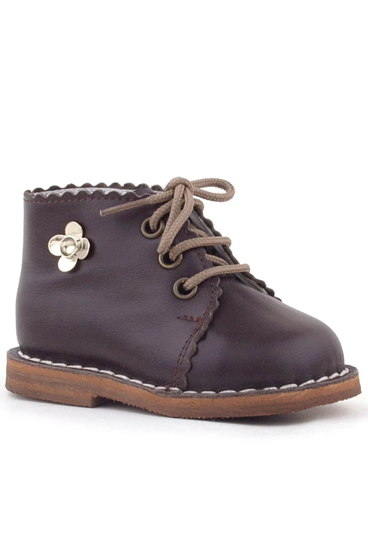 Handmade Hakiki Deri Kahverengi Çiçek Detaylı Bağcıklı Bebek Bot