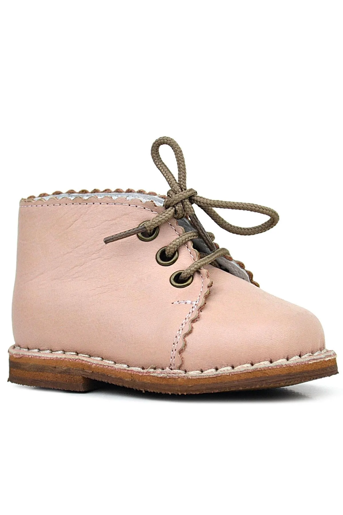 Handmade Hakiki Deri Pudra Pembe Bağcıklı Kız Bebek Bot