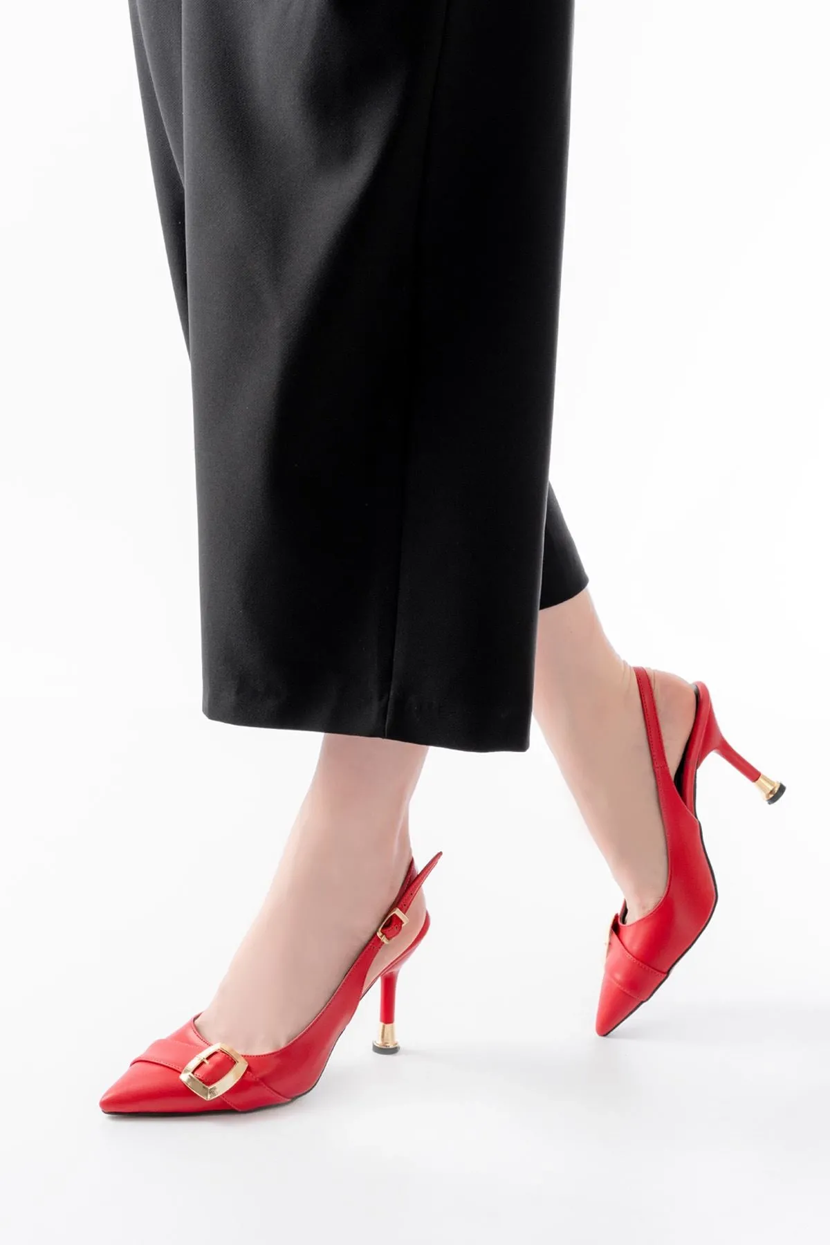İnf-1151 Kırmızı Günlük Arkası Açık Topuklu Bayan Ayakkabı