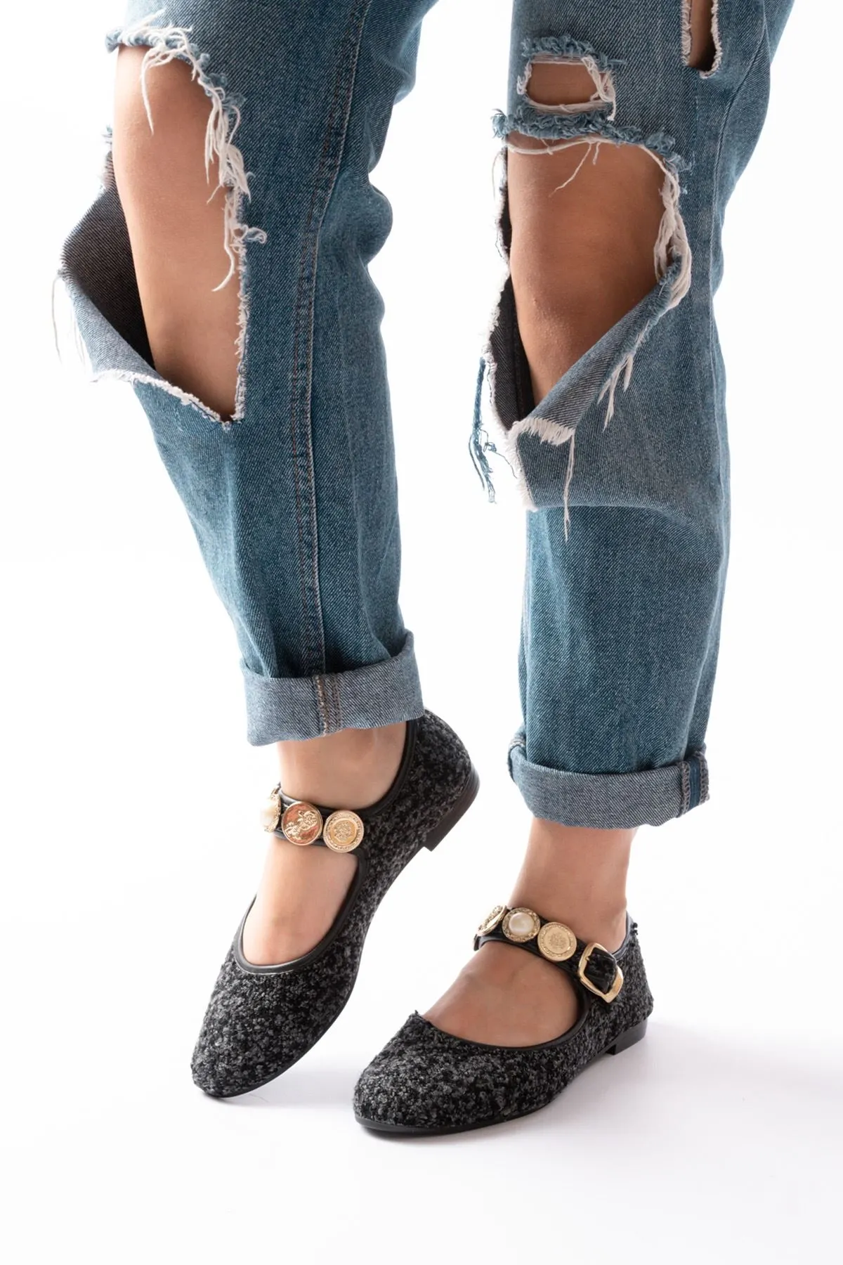 İnf-6363 Siyah Havlu Desenli Baret Tokalı Günlük Bayan Ayakkabı