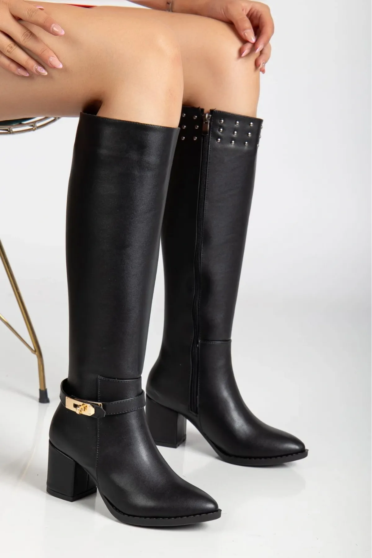 Jeoli Siyah Cilt Topuklu Çizme