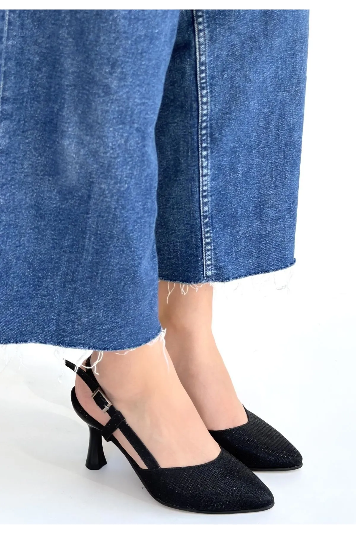 Joga Siyah Saten Simli Topuklu Ayakkabı
