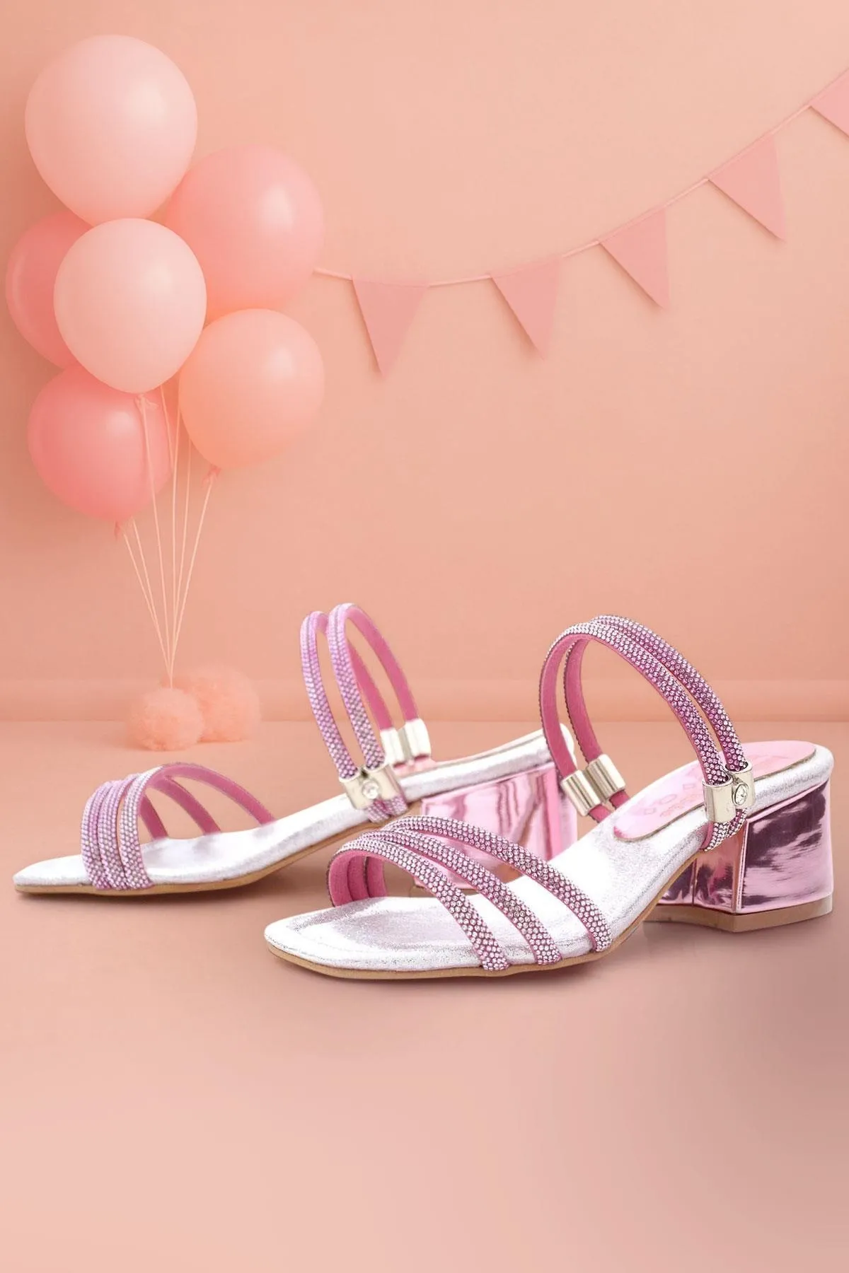 Judy Pembe Gümüş Taşlı Kız Çocuk Topuklu Terlik Ayakkabı