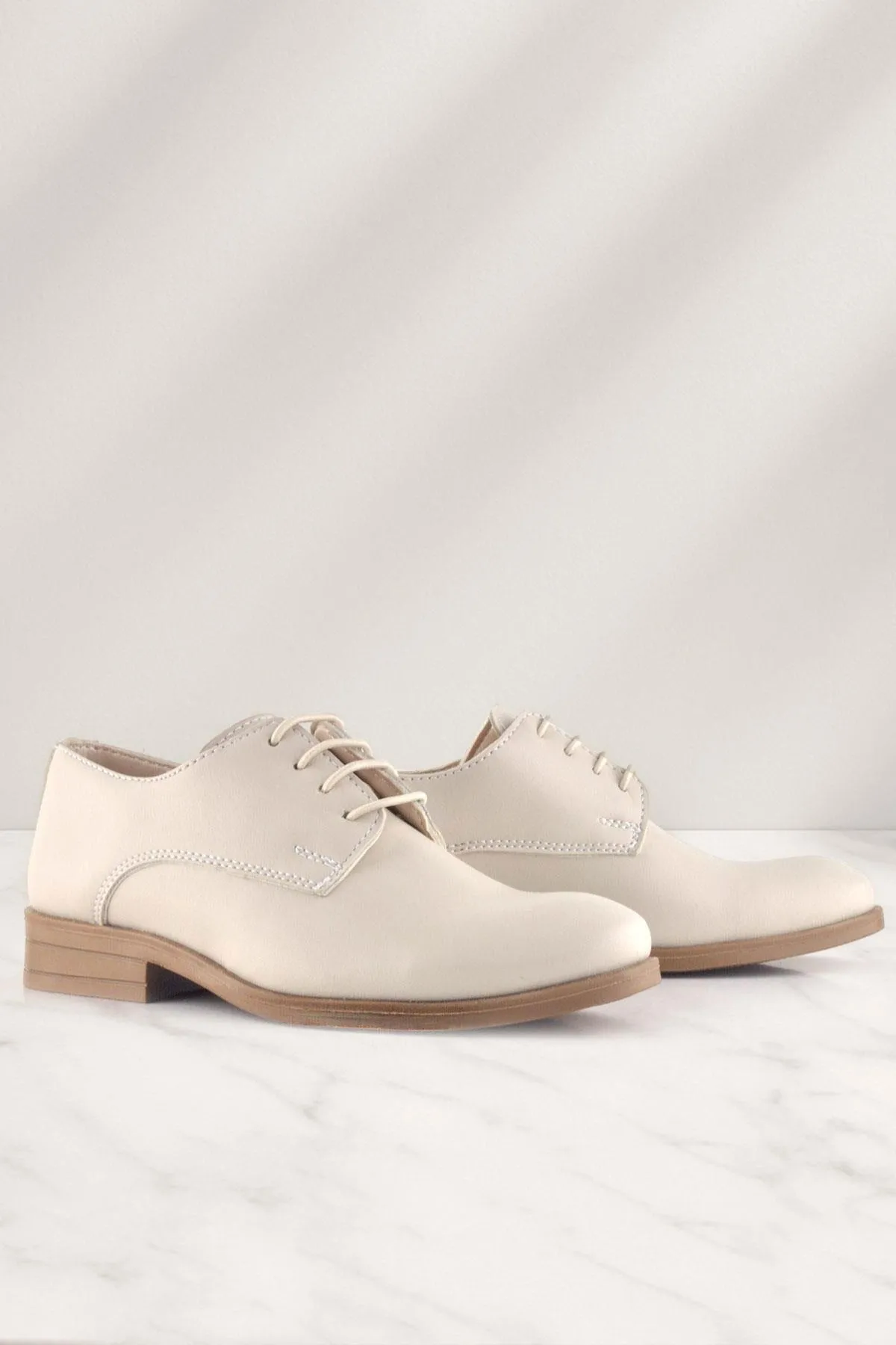 Krem Cilt Bağcıklı Oxford Çocuk Okul Ayakkabısı