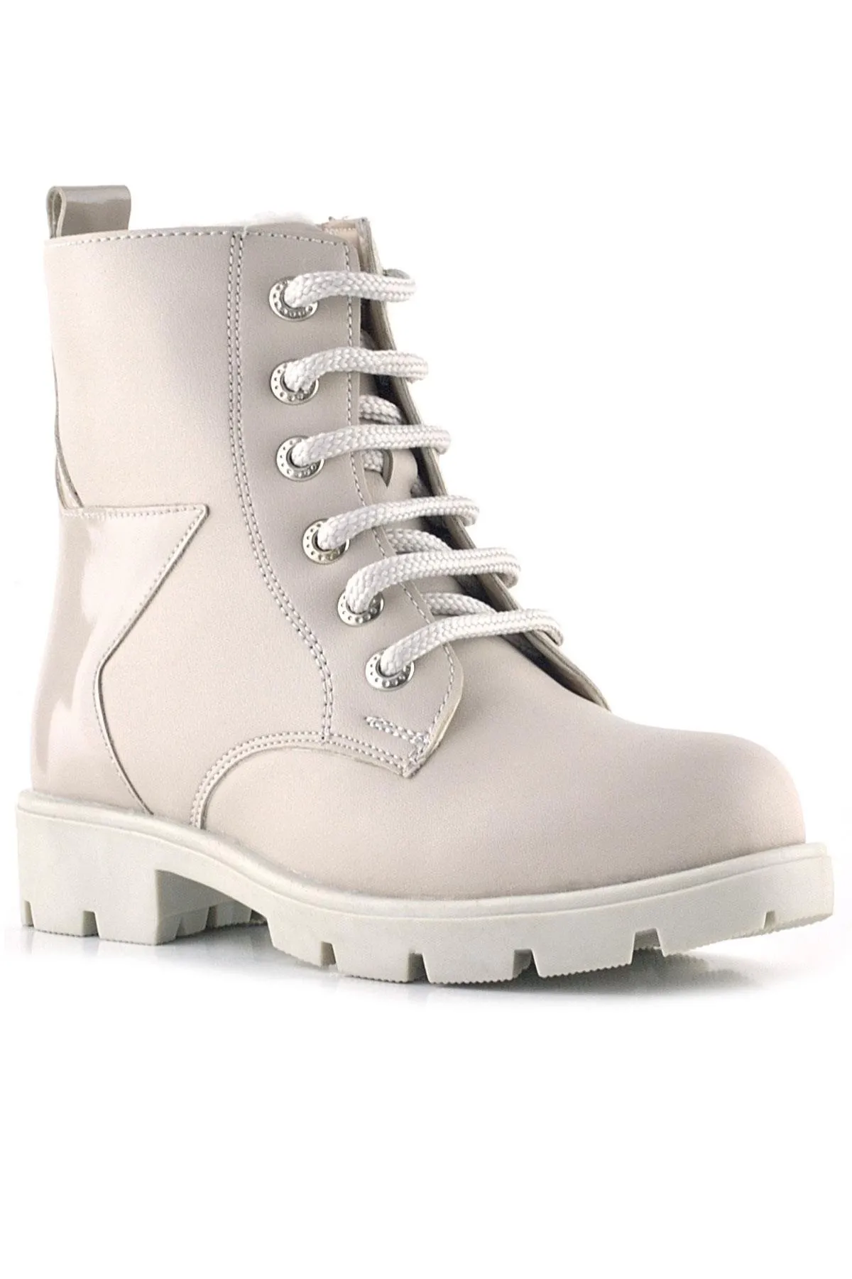 Krem Yıldız Detaylı Bağcıklı Fermuarlı Kız Çocuk Bot