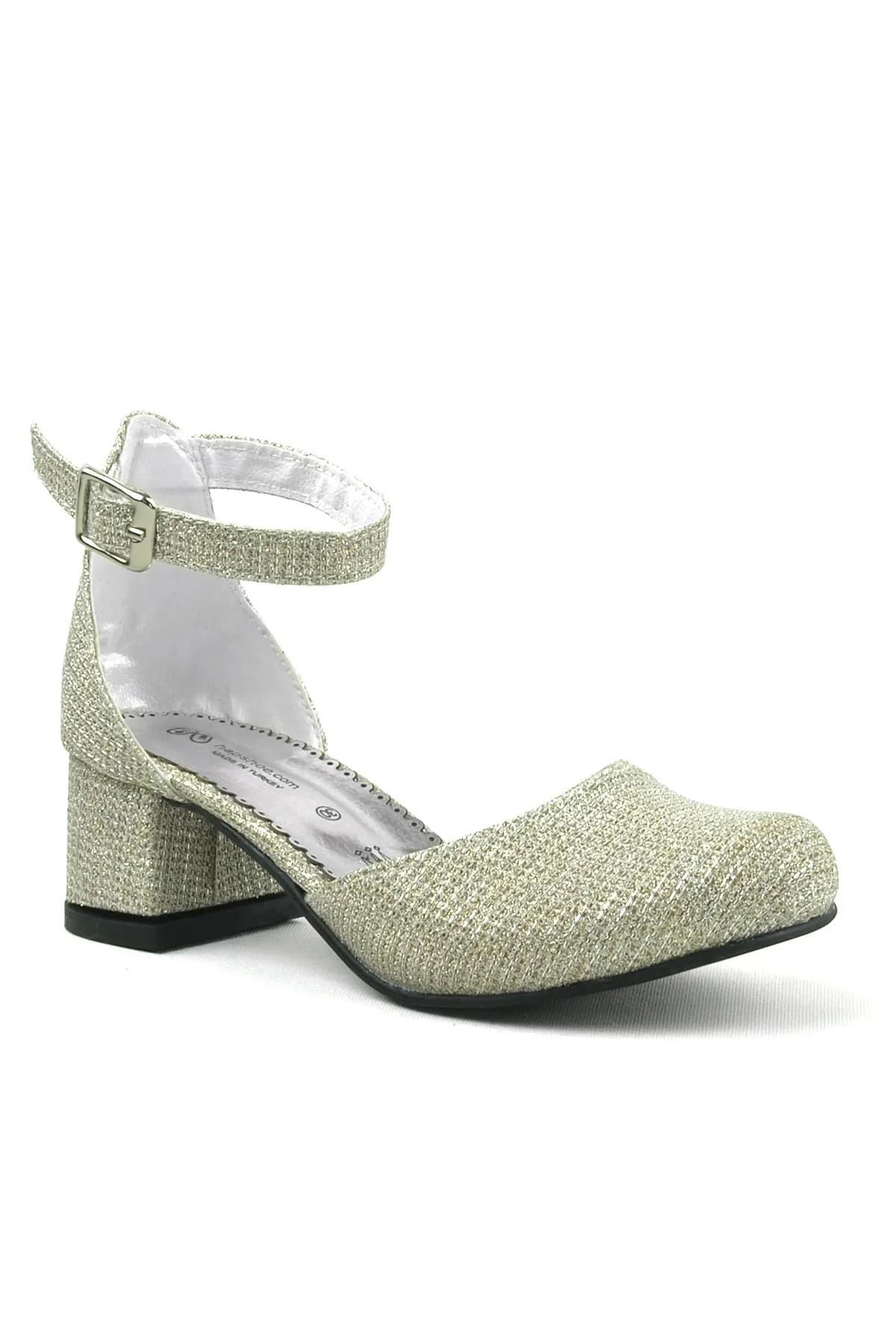 Merida Gold Simli Kalın Topuklu Kız Çocuk Topuklu Ayakkabı