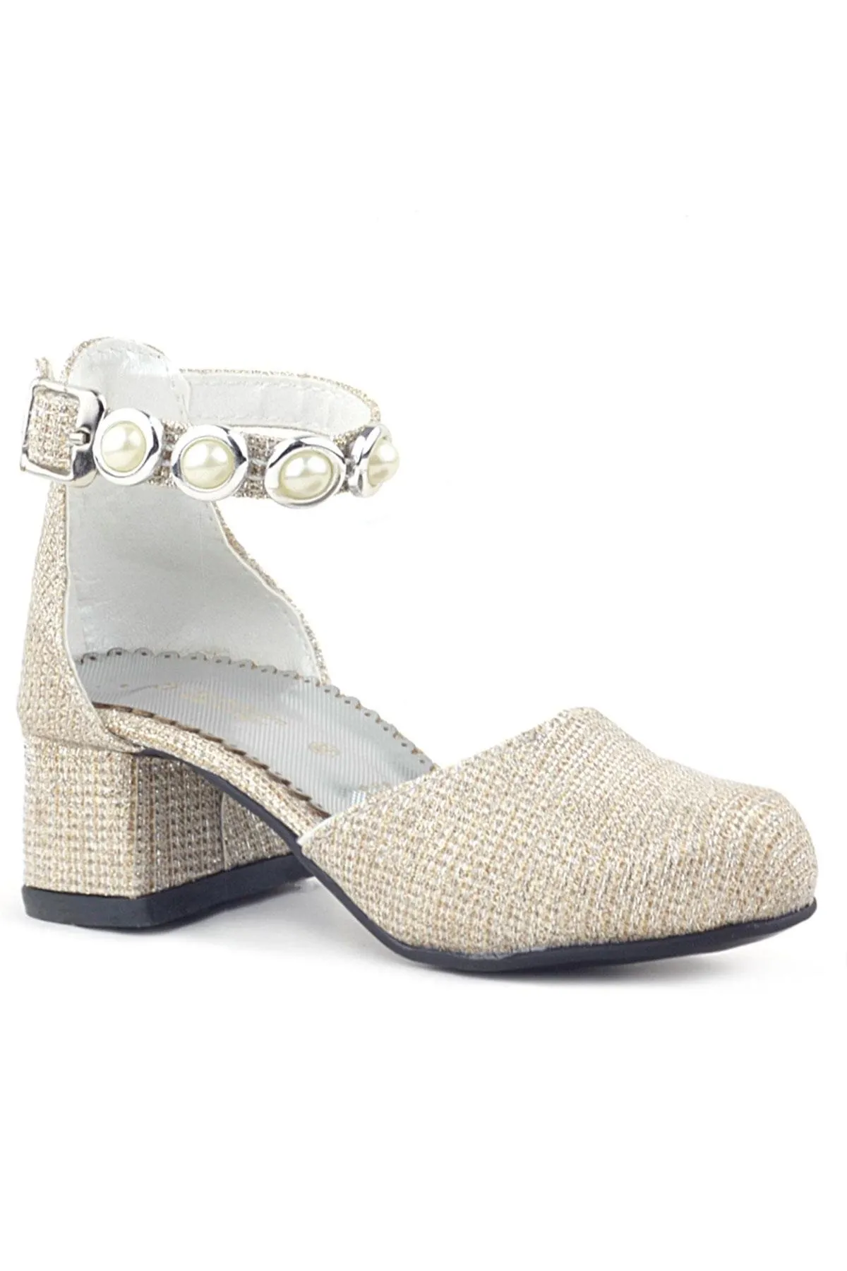 Merida Gold Simli Kalın Topuklu Taşlı Kız Çocuk Topuklu Ayakkabı