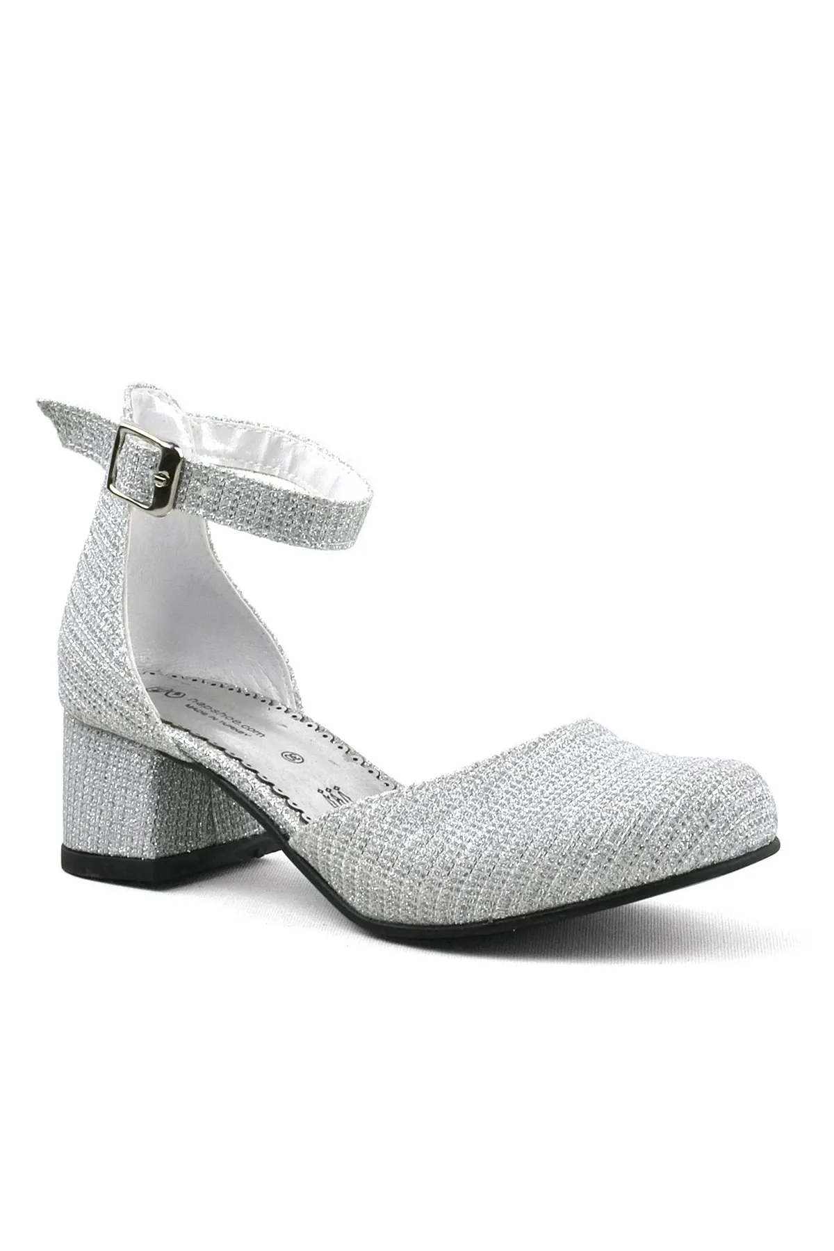 Merida Gümüş Simli Kalın Topuklu Kız Çocuk Topuklu Ayakkabı